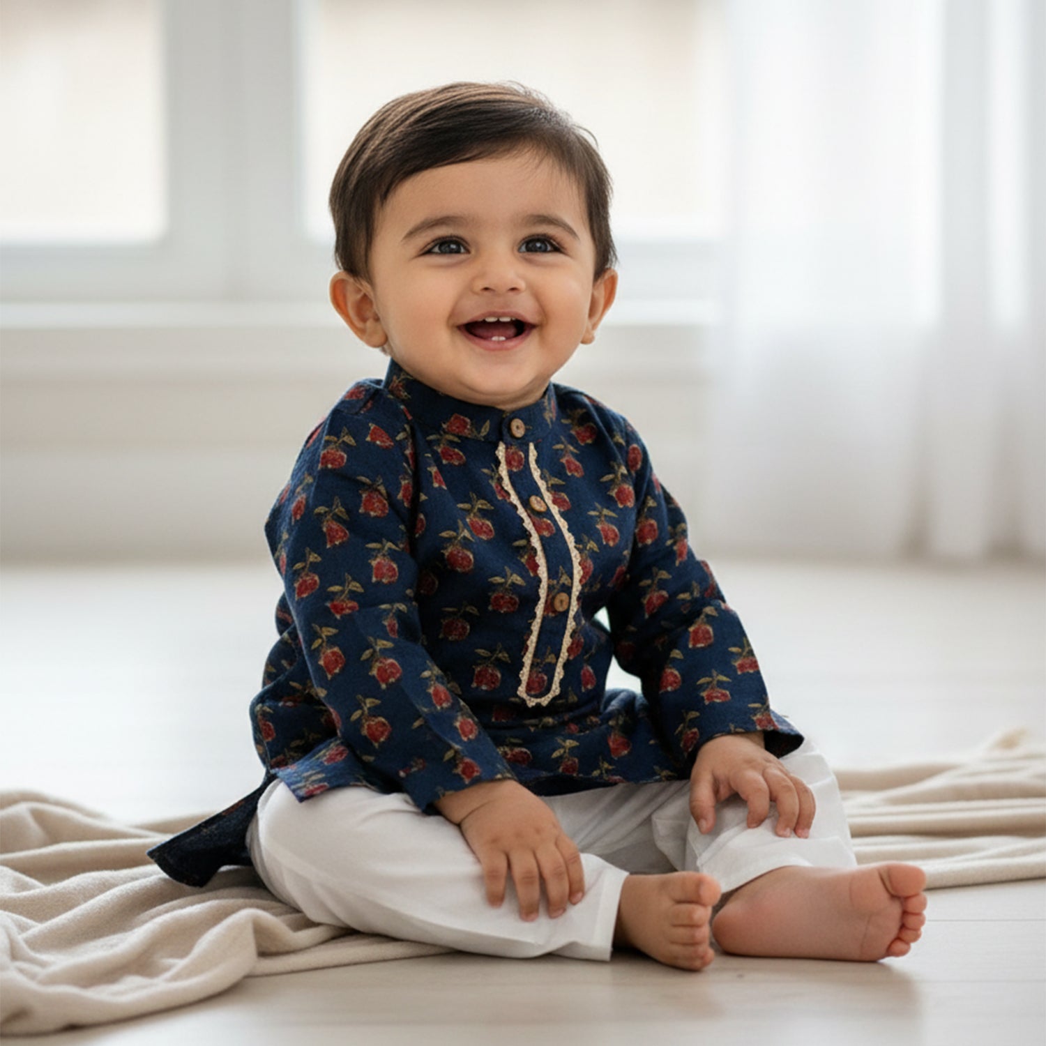Baby Moo Rose Print Ethnic Kurta Pyjama Set - Navy Blue
