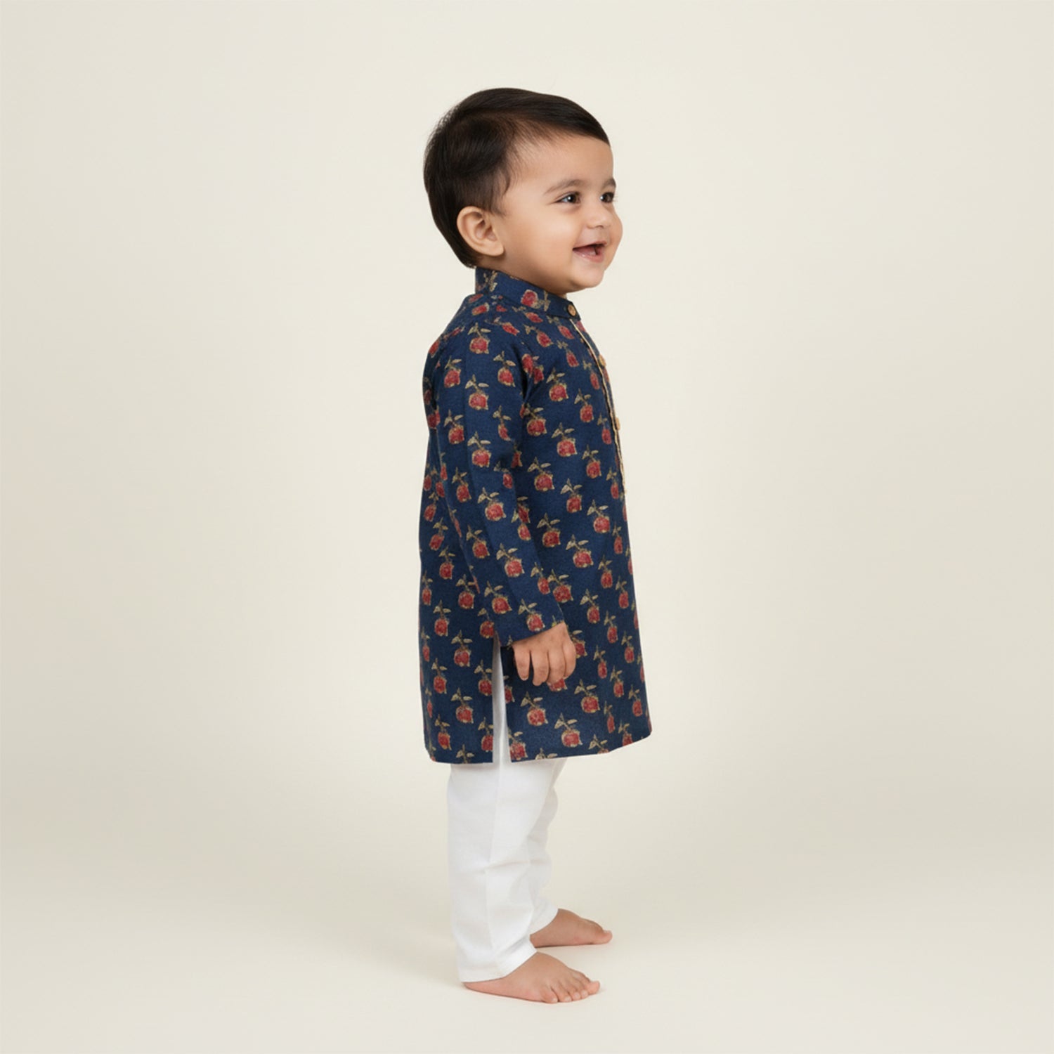Baby Moo Rose Print Ethnic Kurta Pyjama Set - Navy Blue