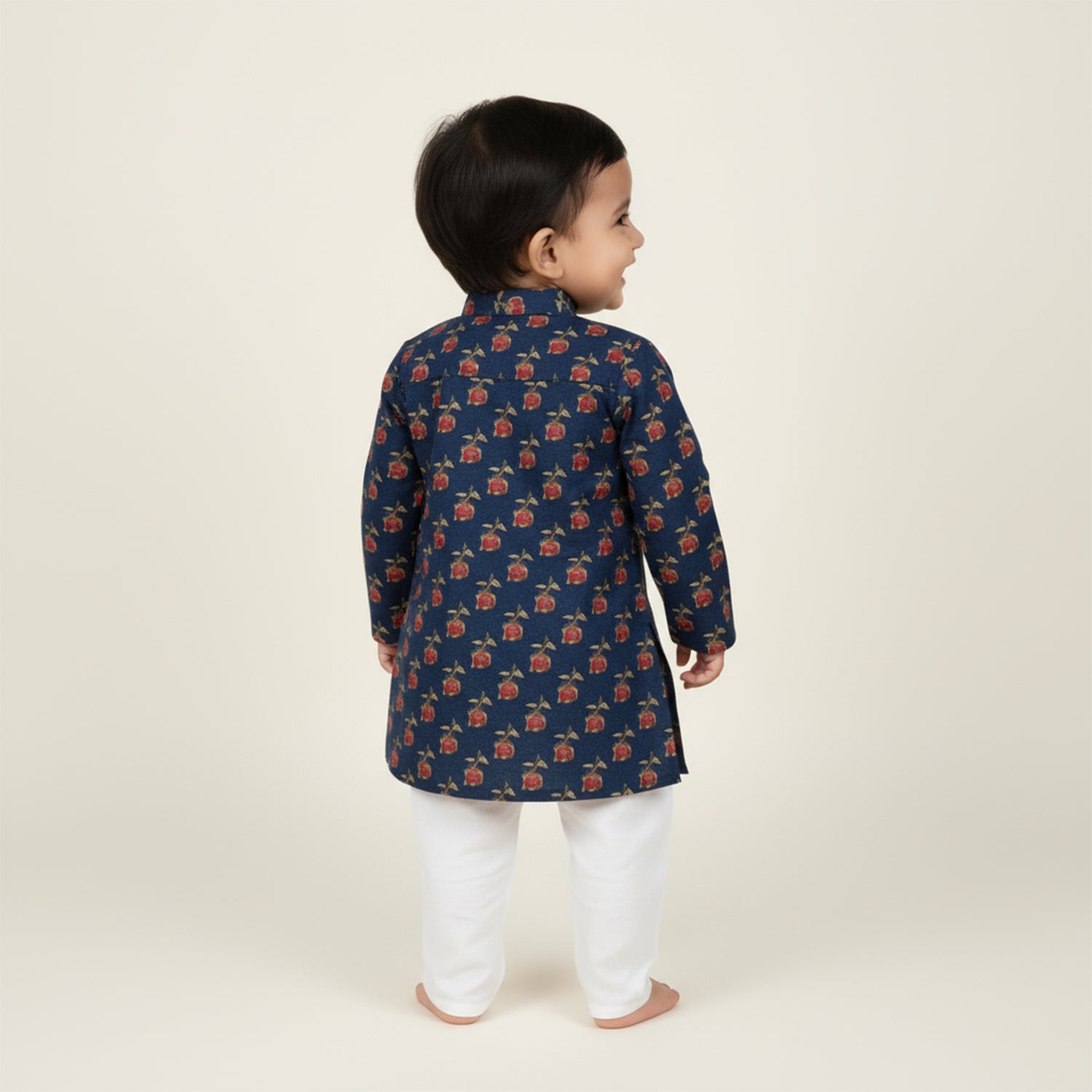 Baby Moo Rose Print Ethnic Kurta Pyjama Set - Navy Blue