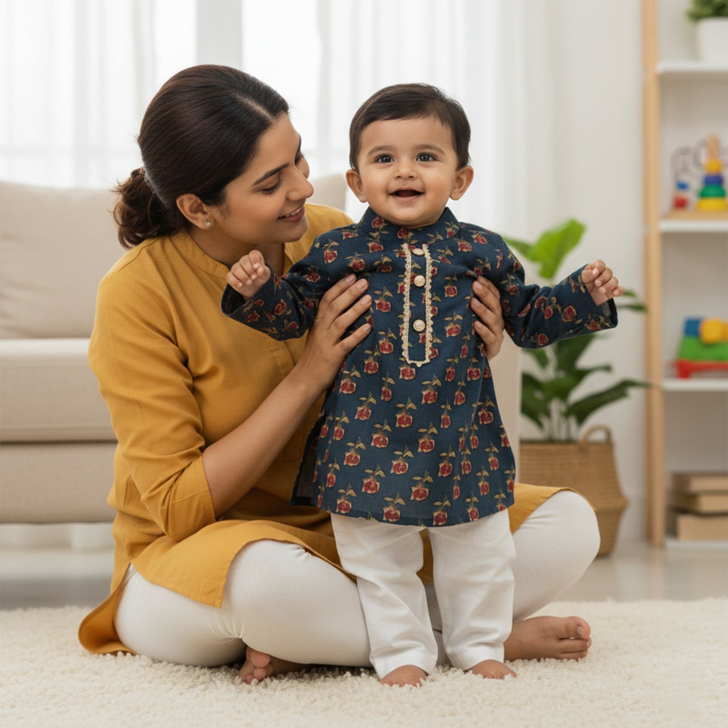 Baby Moo Rose Print Ethnic Kurta Pyjama Set - Navy Blue