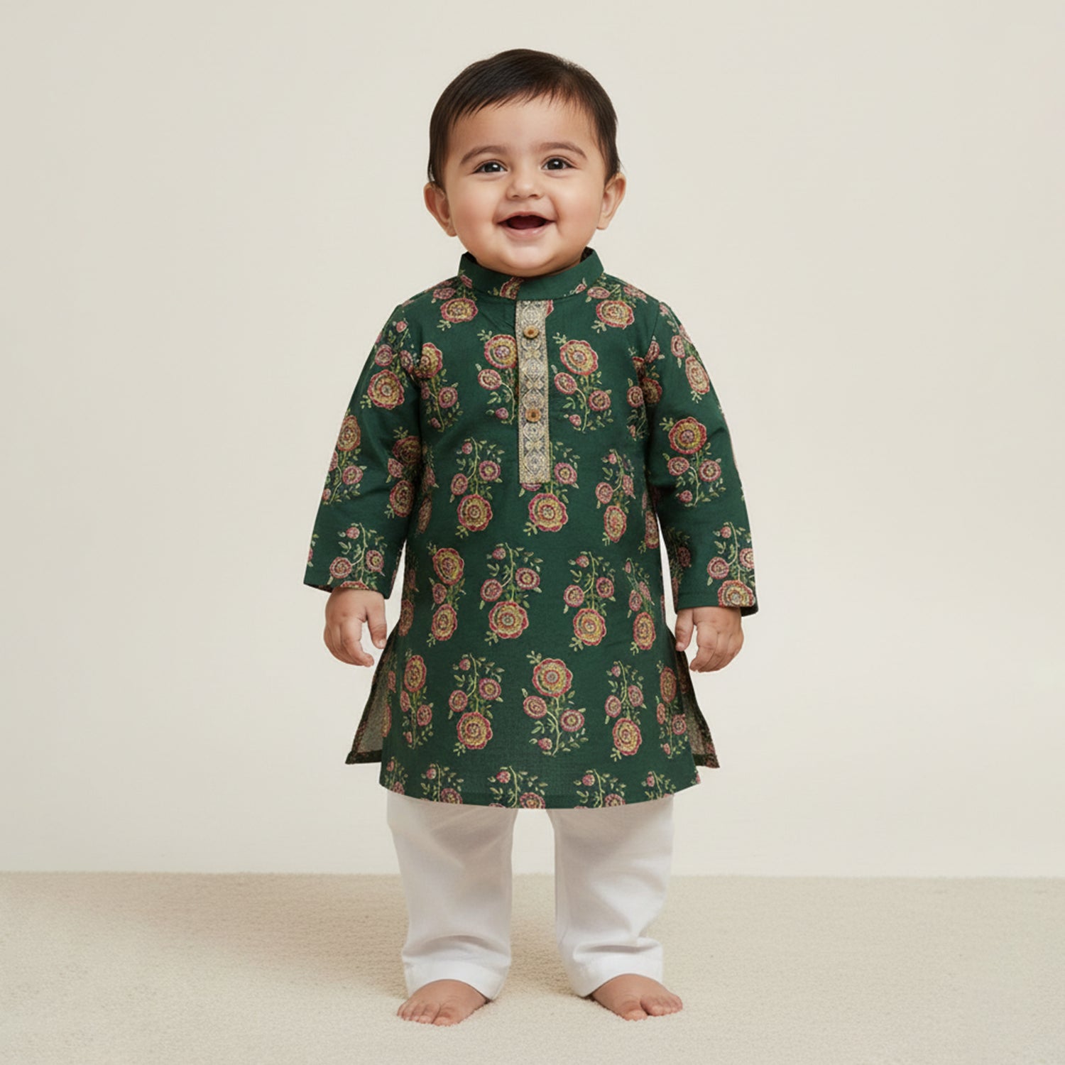 Baby Moo Rose Print Ethnic Kurta Pyjama Set - Green