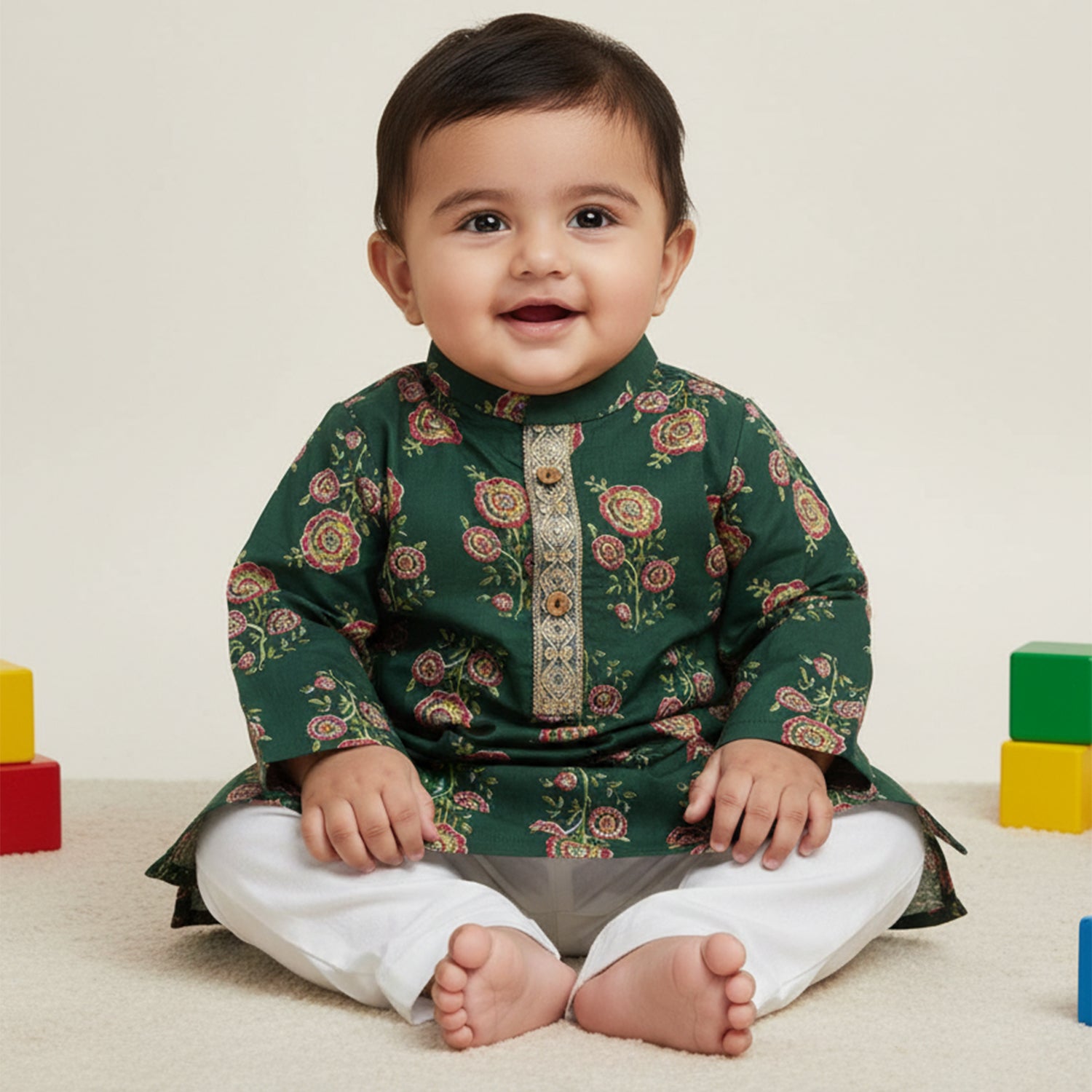 Baby Moo Rose Print Ethnic Kurta Pyjama Set - Green
