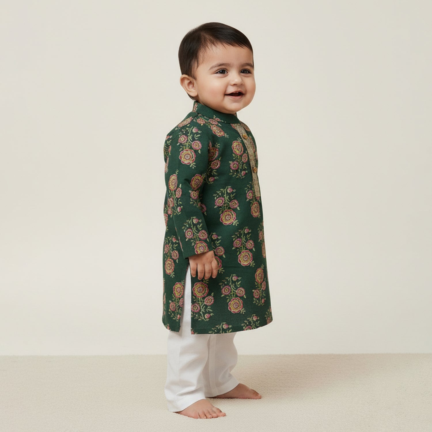 Baby Moo Rose Print Ethnic Kurta Pyjama Set - Green