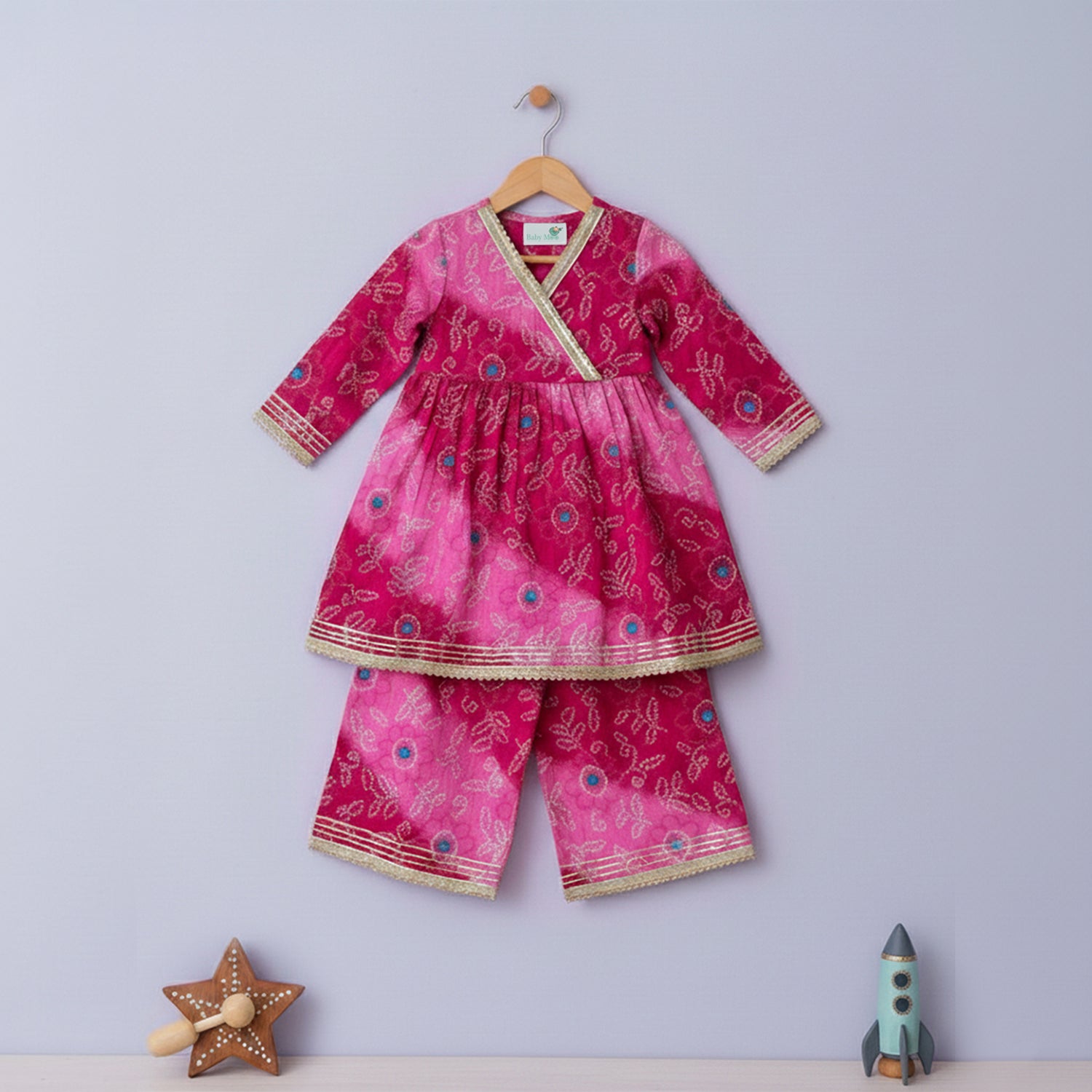 Baby Moo Bandhani Print Cotton Two Piece Girls Kurta Pant Set - Pink