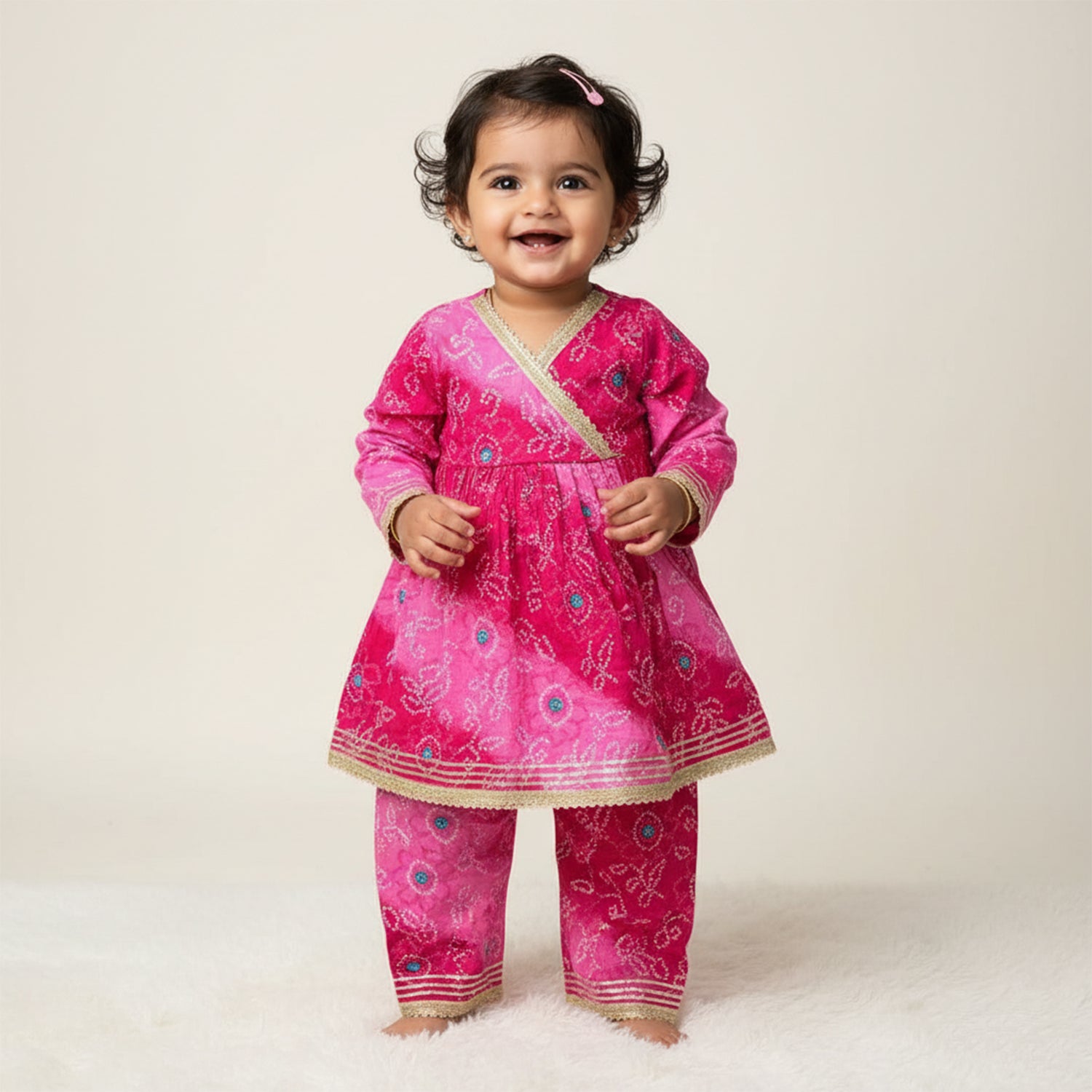 Baby Moo Bandhani Print Cotton Two Piece Girls Kurta Pant Set - Pink