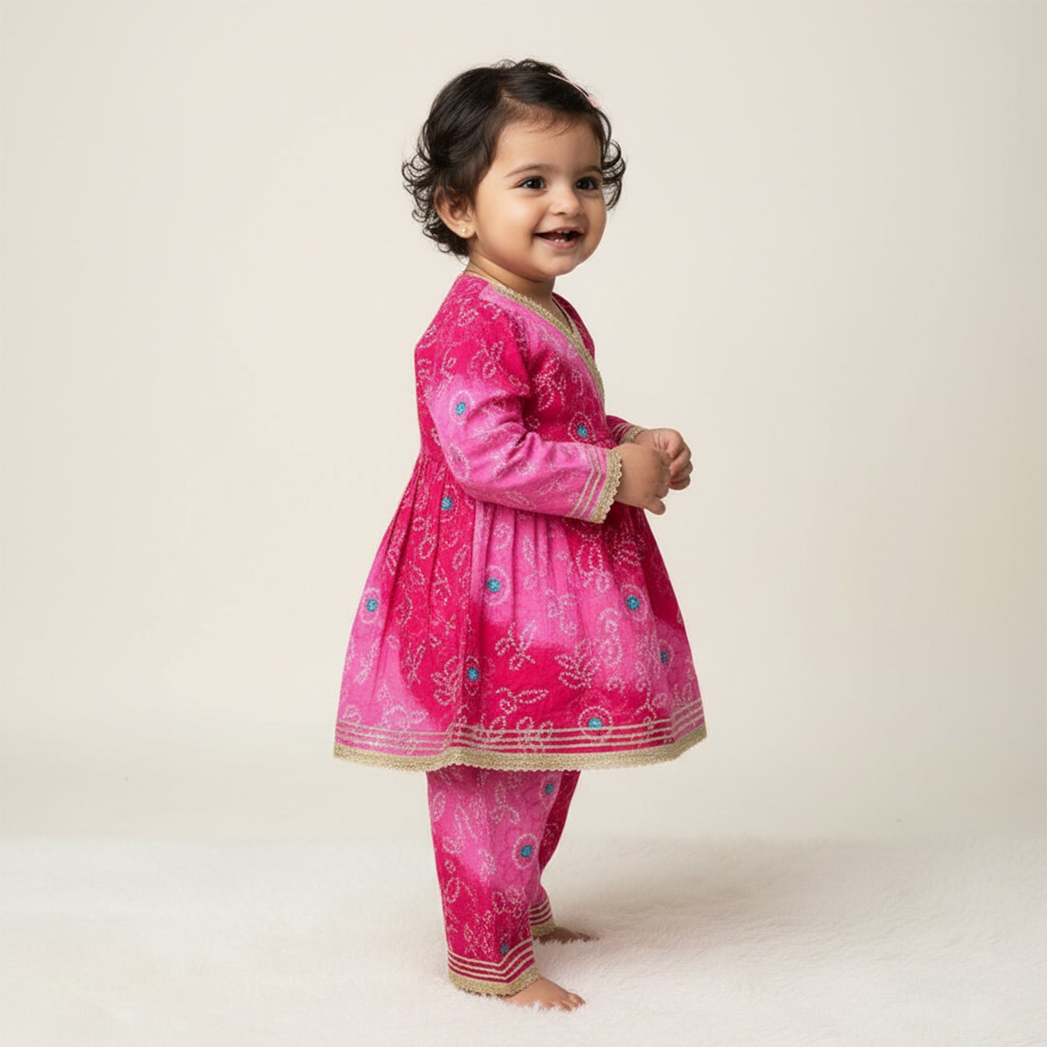 Baby Moo Bandhani Print Cotton Two Piece Girls Kurta Pant Set - Pink