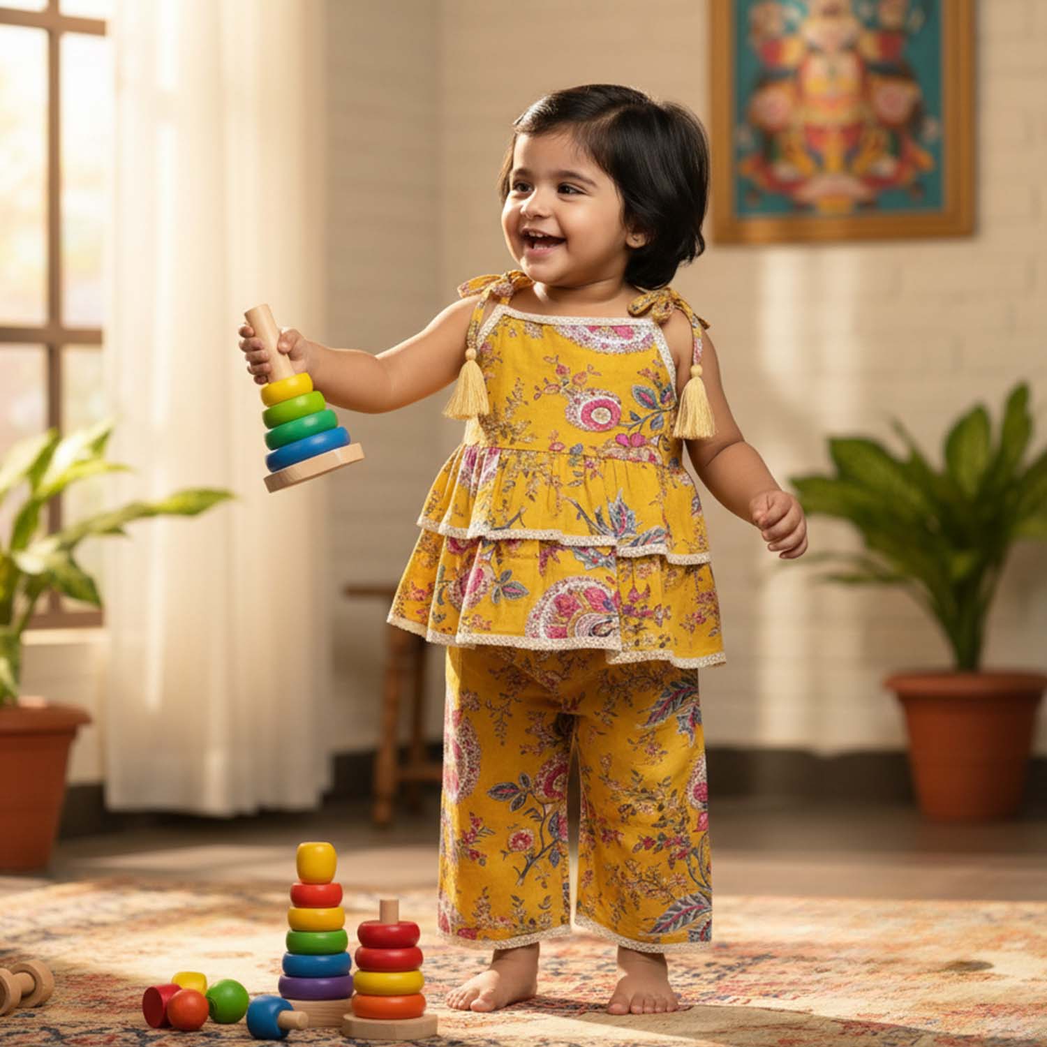 Baby Moo Floral Print Cotton Top & Pant Set  - Mustard