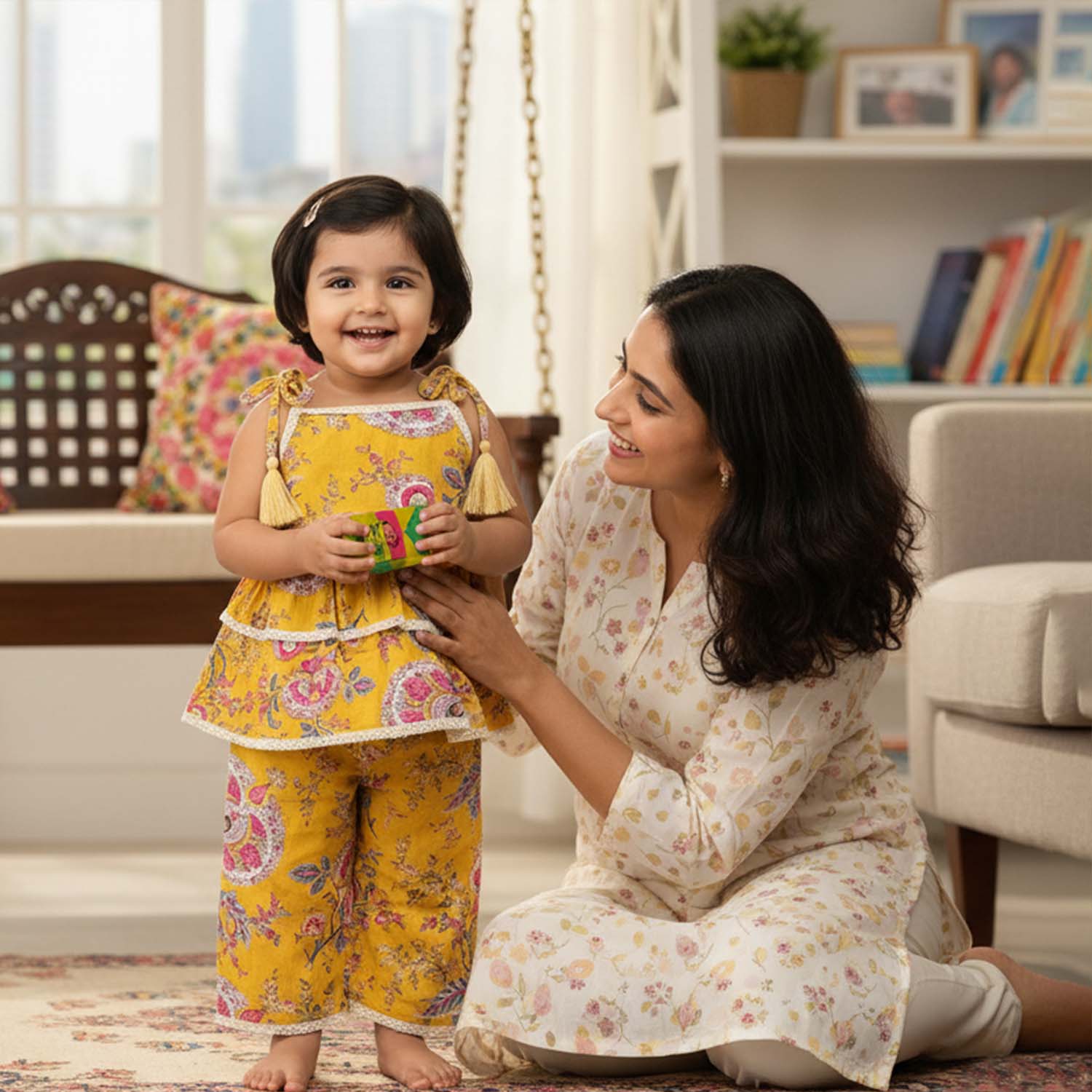 Baby Moo Floral Print Cotton Top & Pant Set  - Mustard