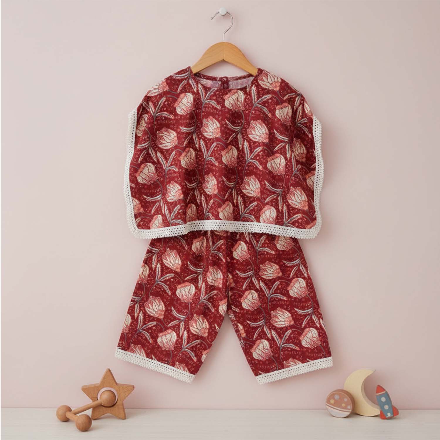 Baby Moo Peony Print Cotton Top & Pant Set  - Maroon