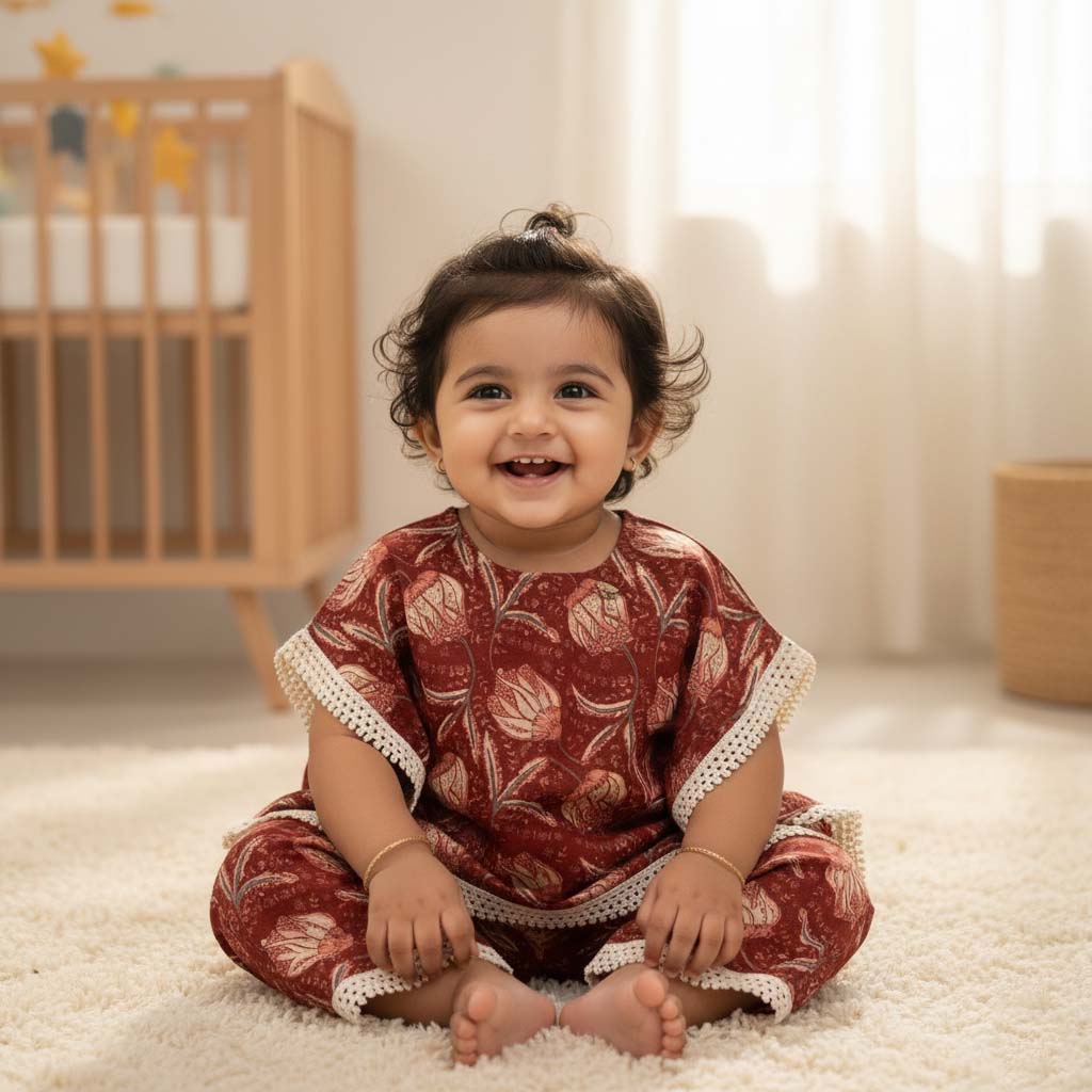 Baby Moo Peony Print Cotton Top & Pant Set  - Maroon