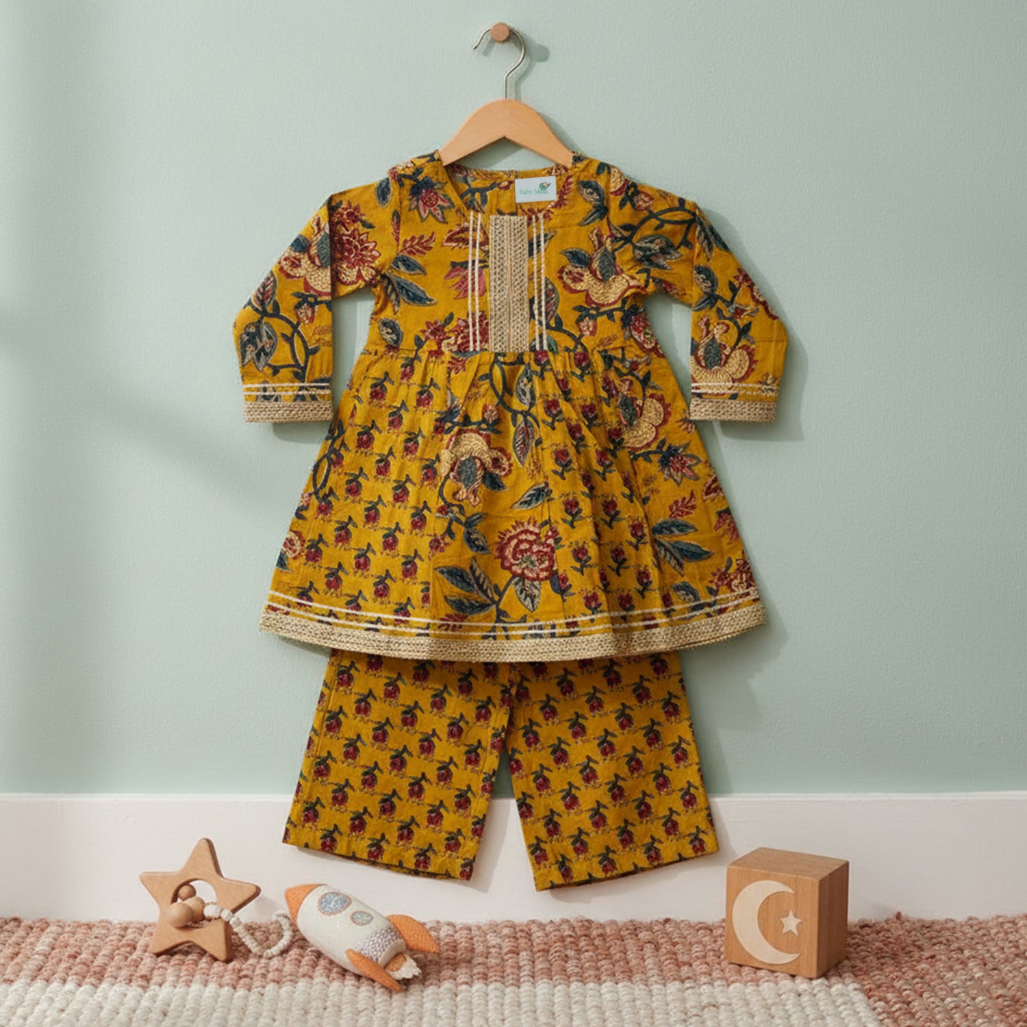 Baby Moo Floral Print Cotton Two Piece Girls Kurta Pant Set - Mustard
