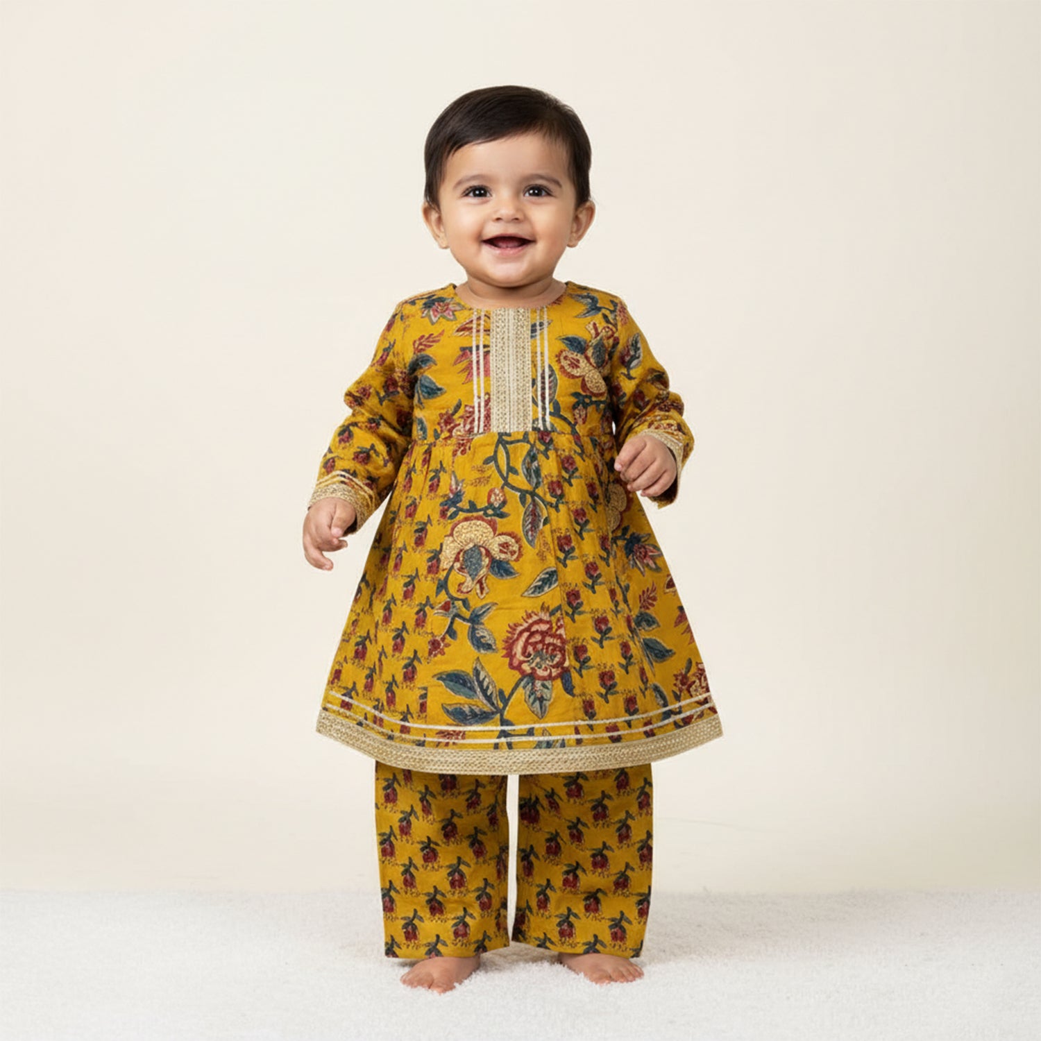 Baby Moo Floral Print Cotton Two Piece Girls Kurta Pant Set - Mustard