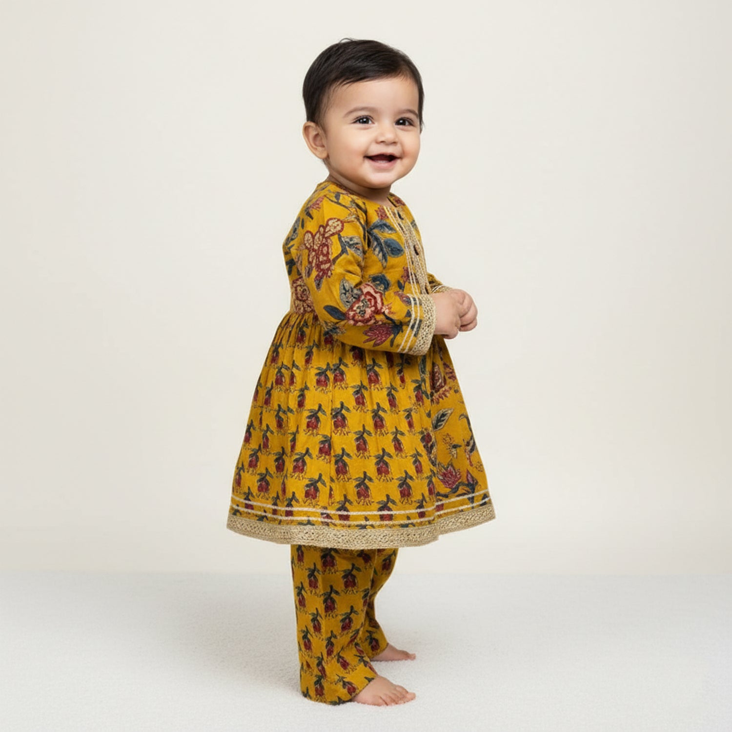 Baby Moo Floral Print Cotton Two Piece Girls Kurta Pant Set - Mustard