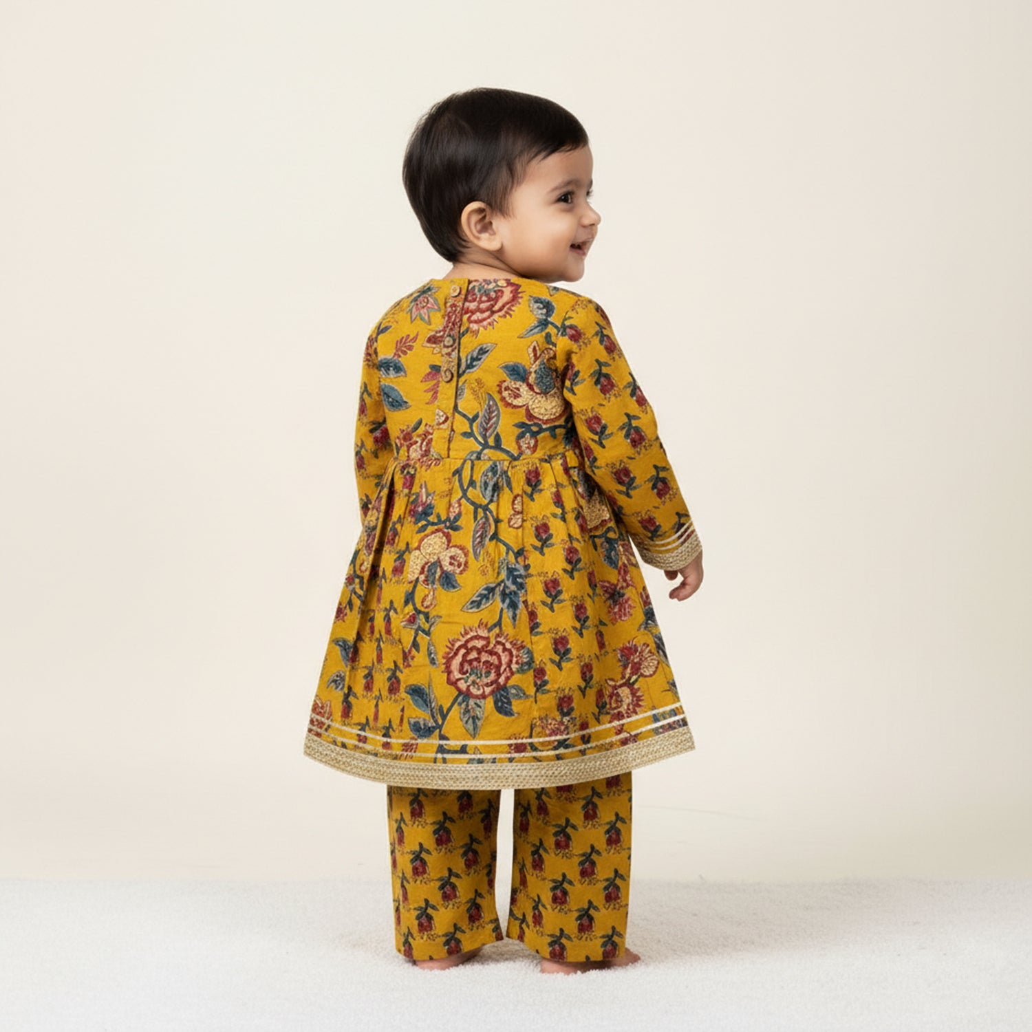 Baby Moo Floral Print Cotton Two Piece Girls Kurta Pant Set - Mustard