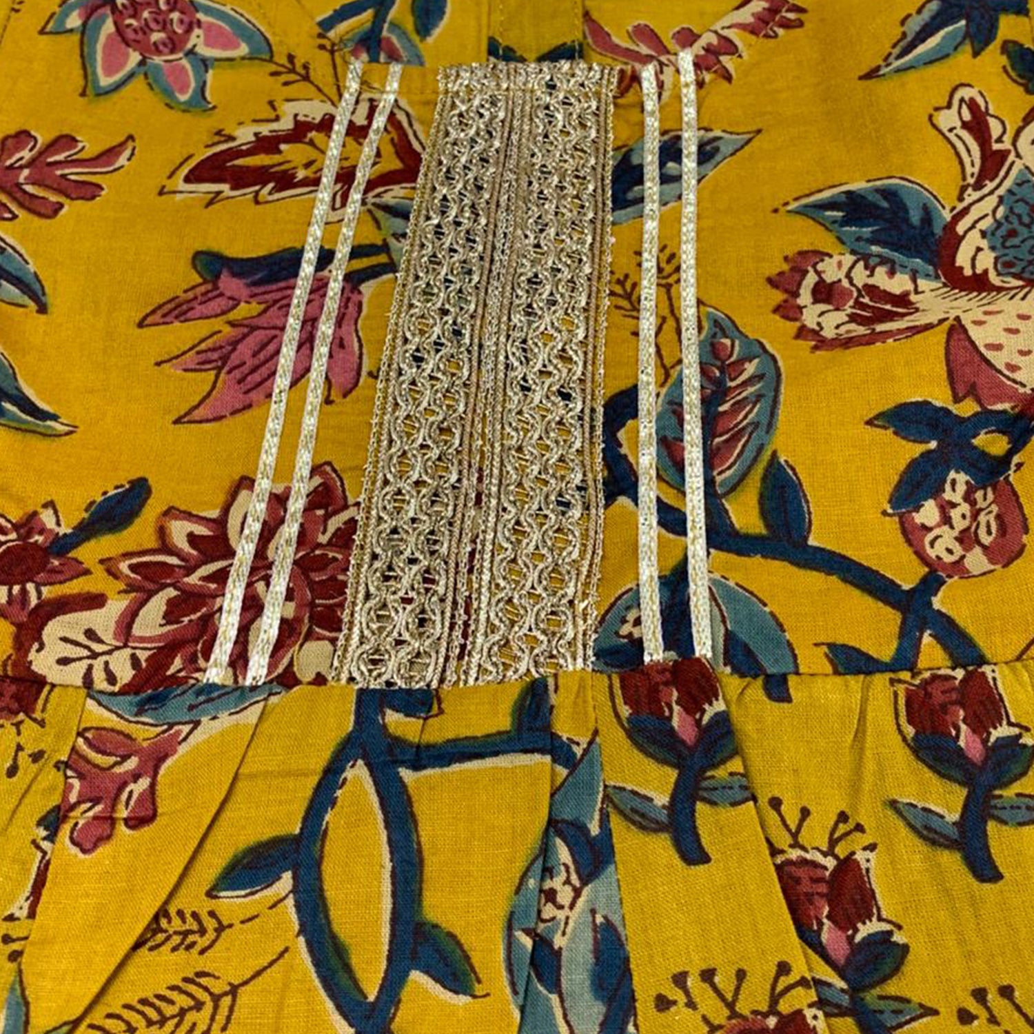 Baby Moo Floral Print Cotton Two Piece Girls Kurta Pant Set - Mustard