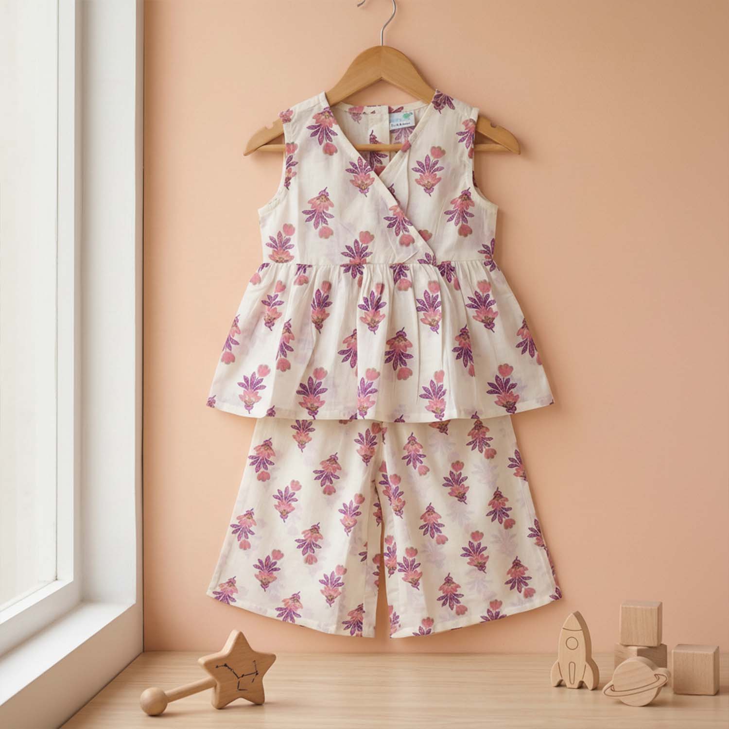 Baby Moo Tulip Print Cotton Top & Pant Set  - White