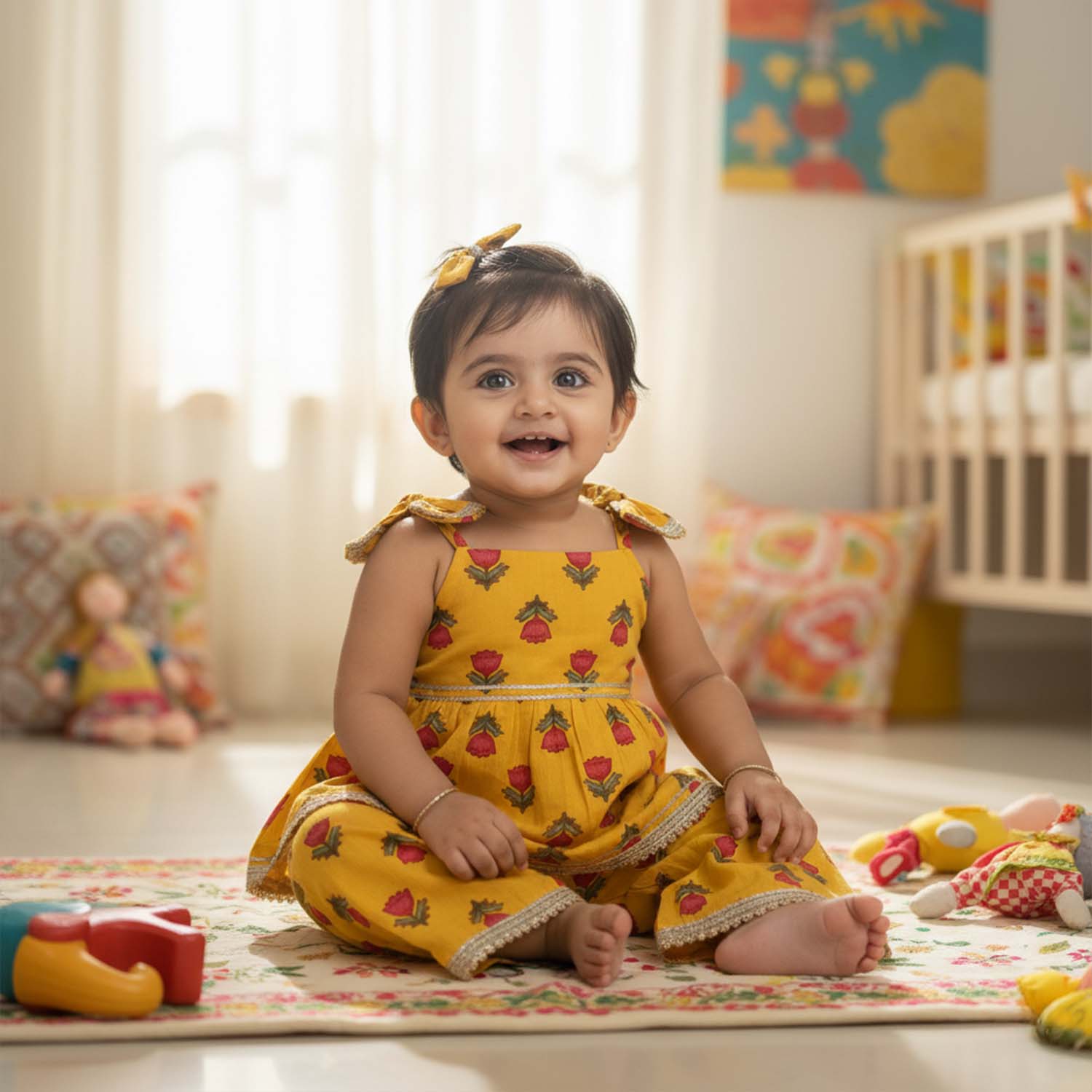 Baby Moo Rose Print Cotton Top & Pant Set  - Yellow