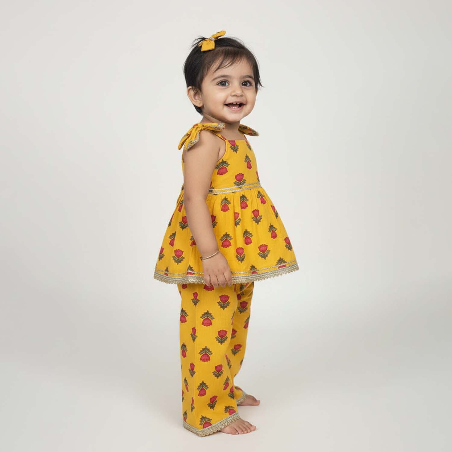 Baby Moo Rose Print Cotton Top & Pant Set  - Yellow