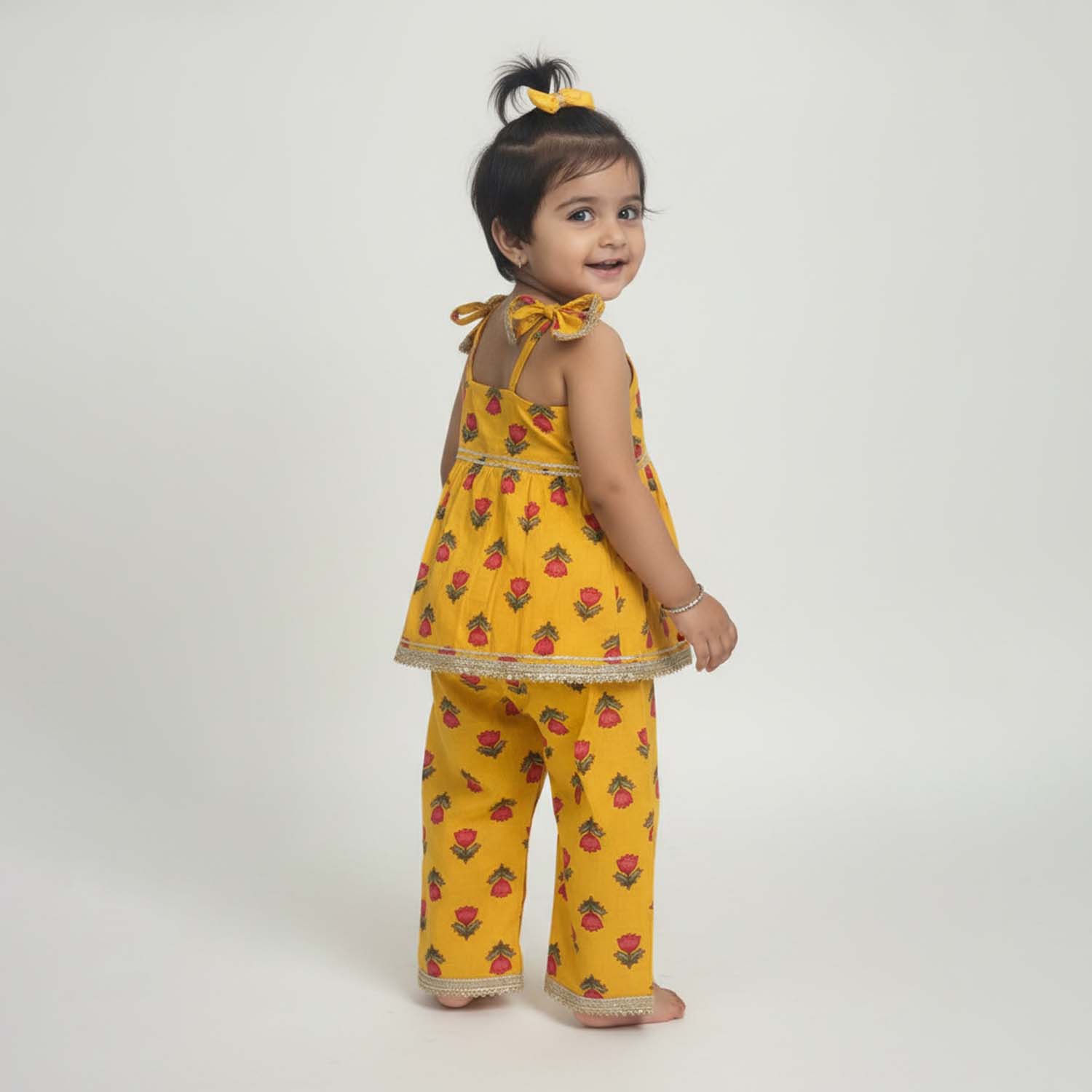 Baby Moo Rose Print Cotton Top & Pant Set  - Yellow