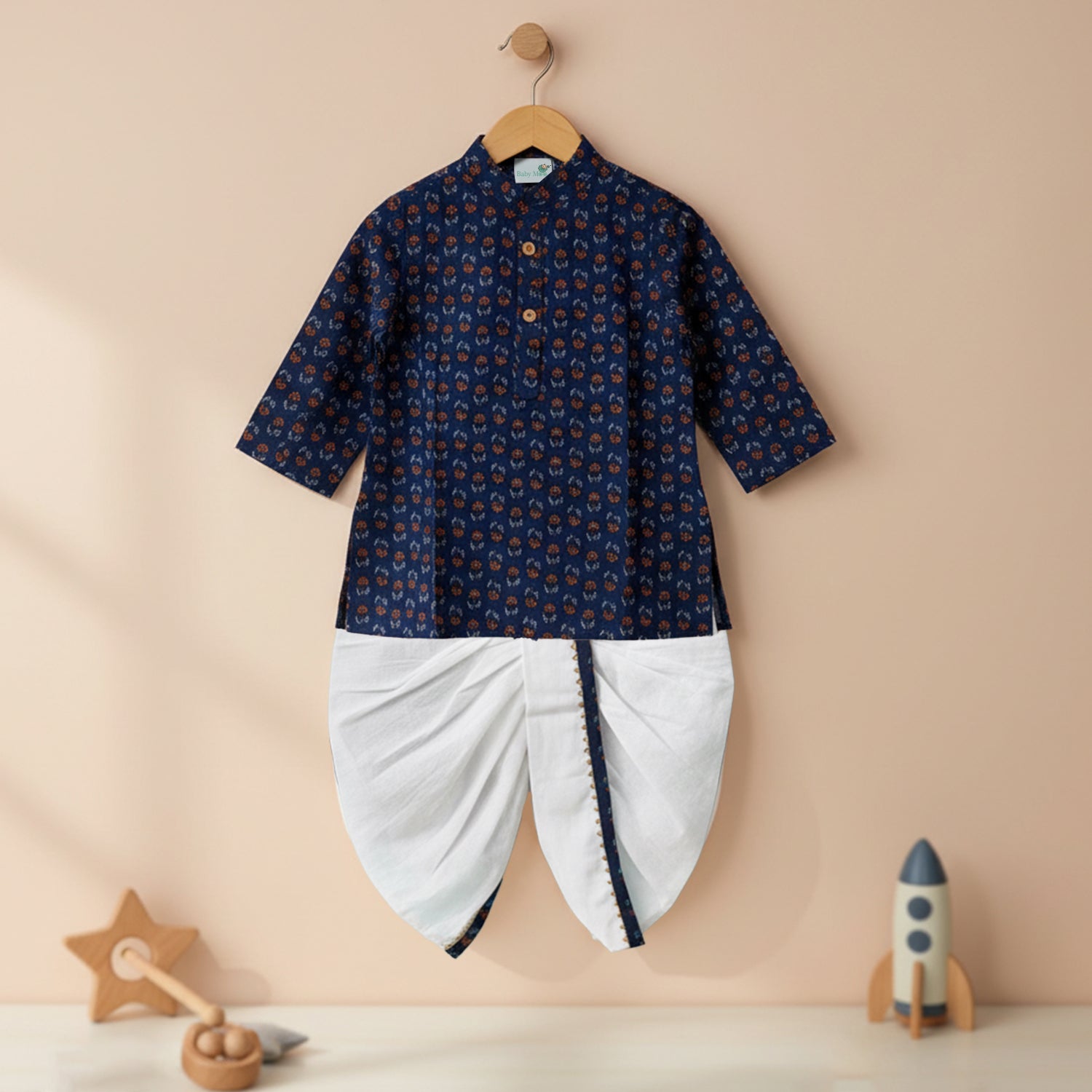 Baby Moo Floral Print Ethnic Boys Kurta Dhoti Set - Blue