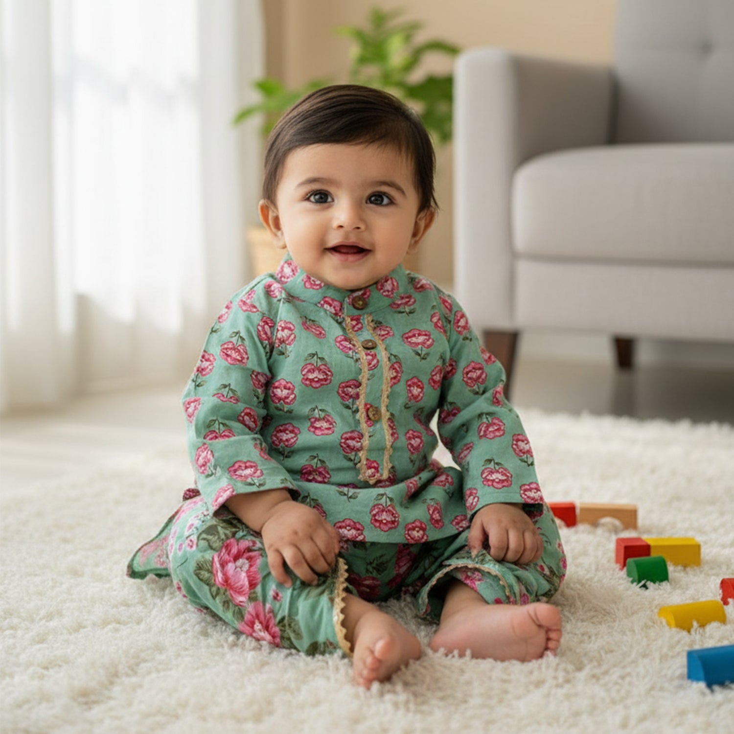 Baby Moo Floral Print Ethnic Boys Kurta Dhoti Set - Light Green