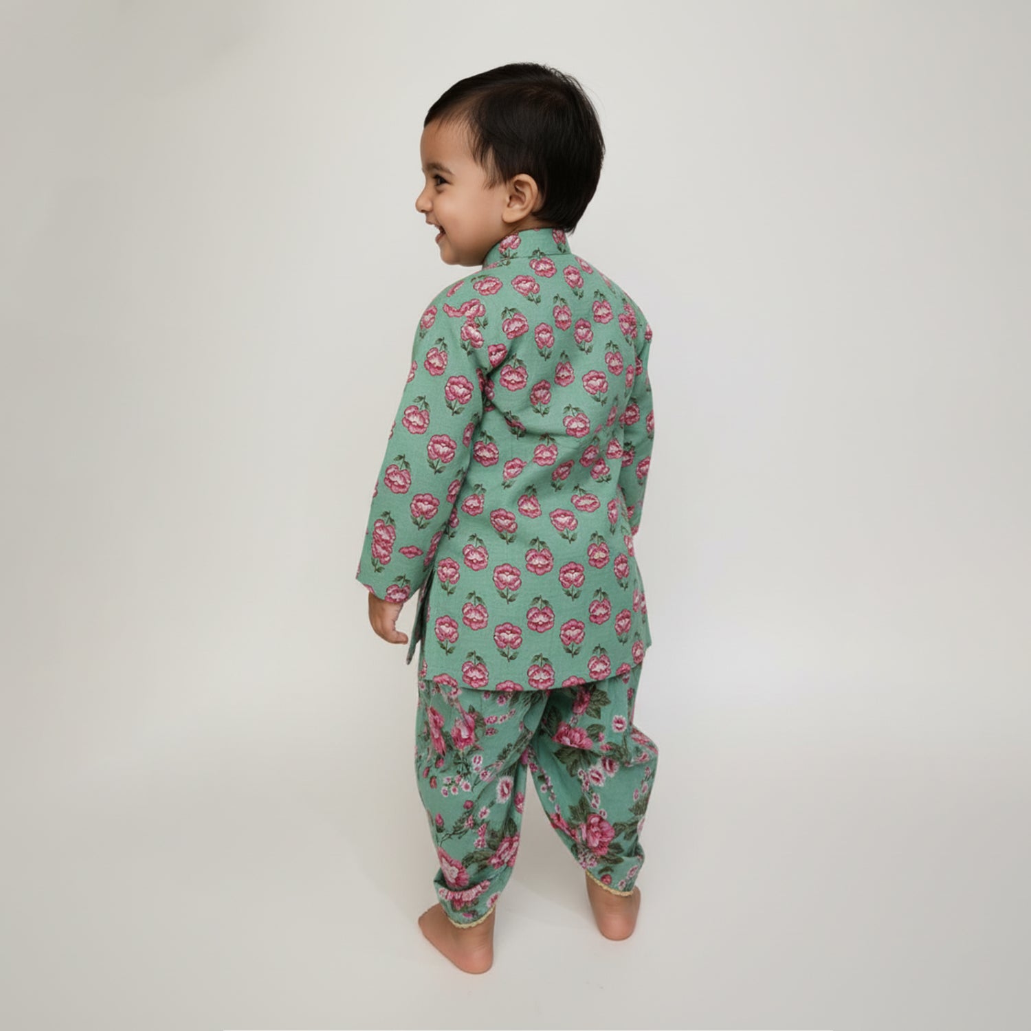 Baby Moo Floral Print Ethnic Boys Kurta Dhoti Set - Light Green