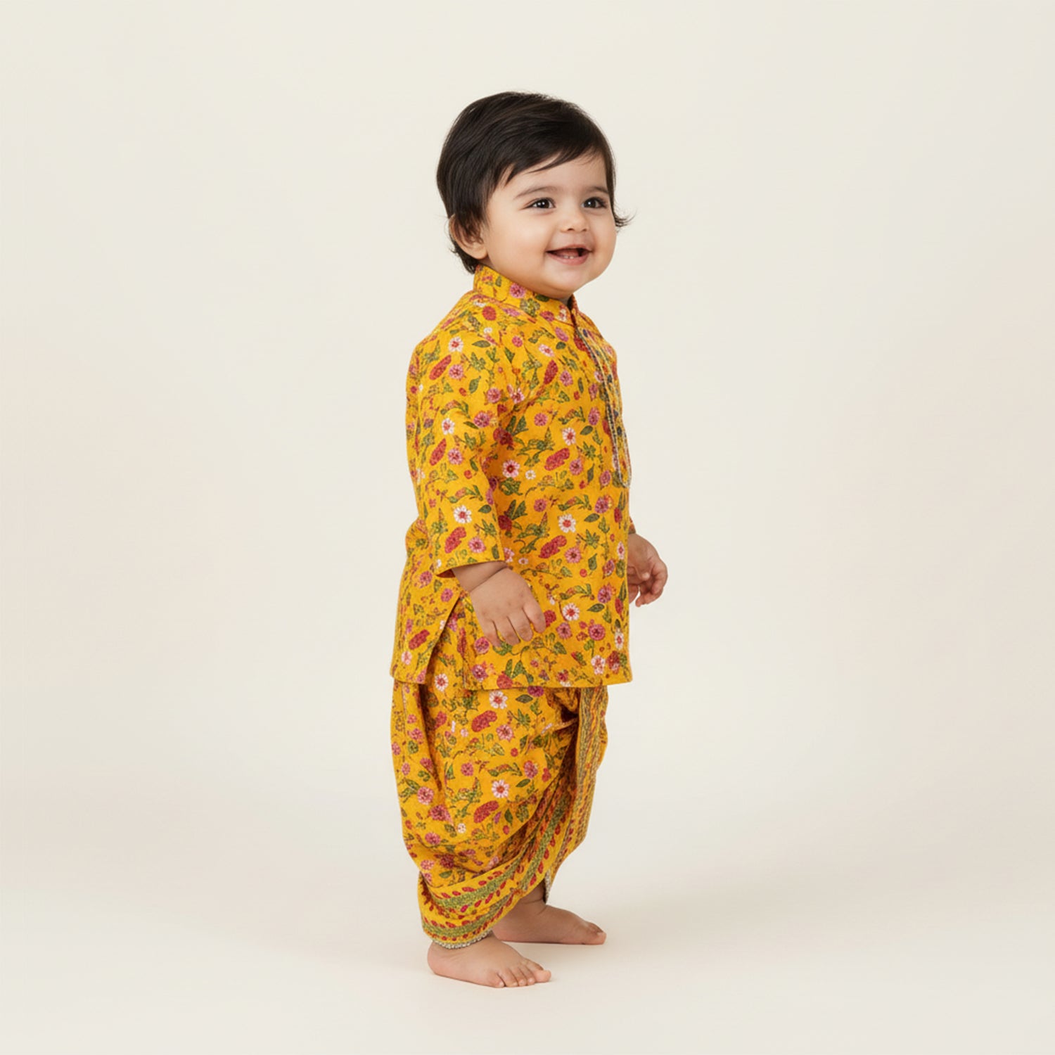 Baby Moo Floral Print Ethnic Boys Kurta Dhoti Set - Yellow