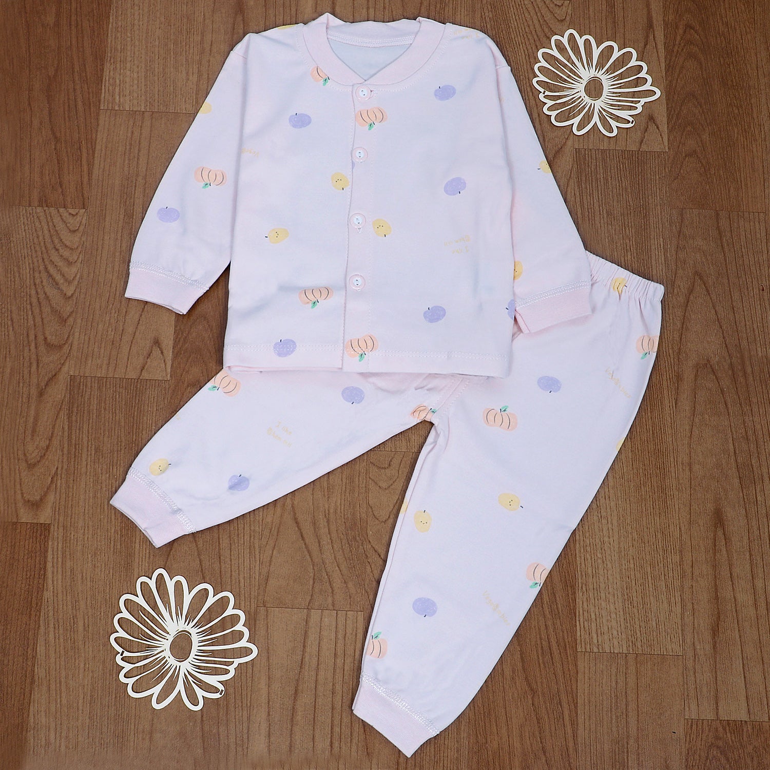 Fruitilicious Full Sleeves 2 Piece Buttoned Pyjama Set Night Suit - Pink
