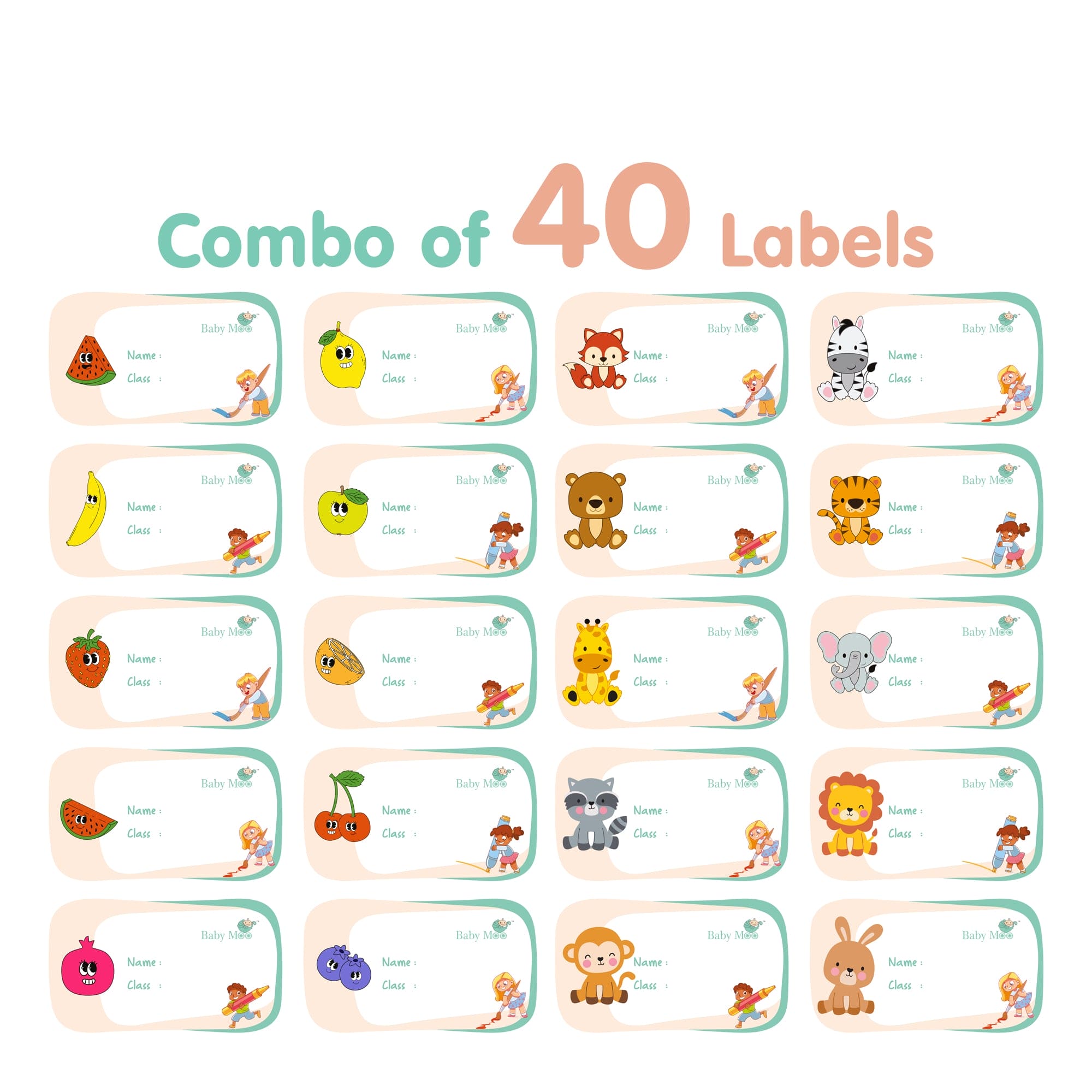 Baby Moo Fruits And Animals Waterproof Labels 40 Pcs Stationery Set For Children - Multicolour