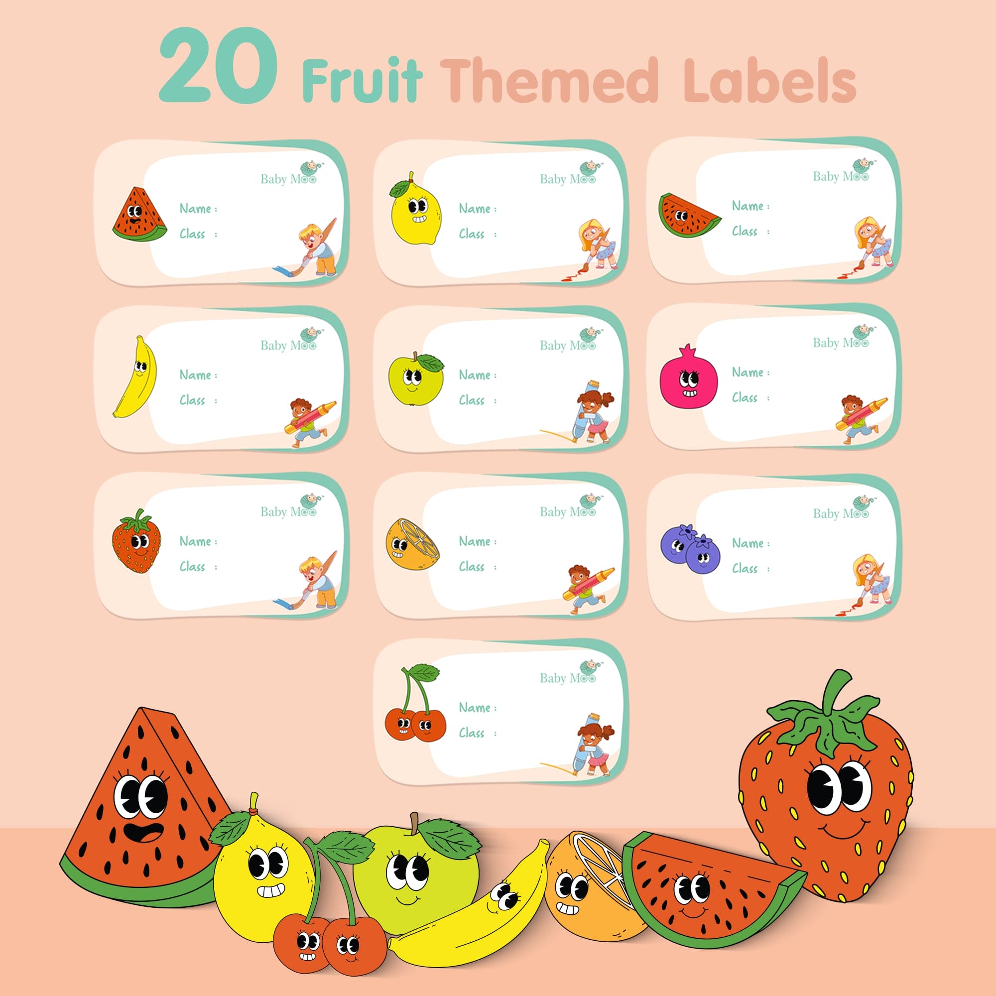 Baby Moo Fruits And Animals Waterproof Labels 40 Pcs Stationery Set For Children - Multicolour