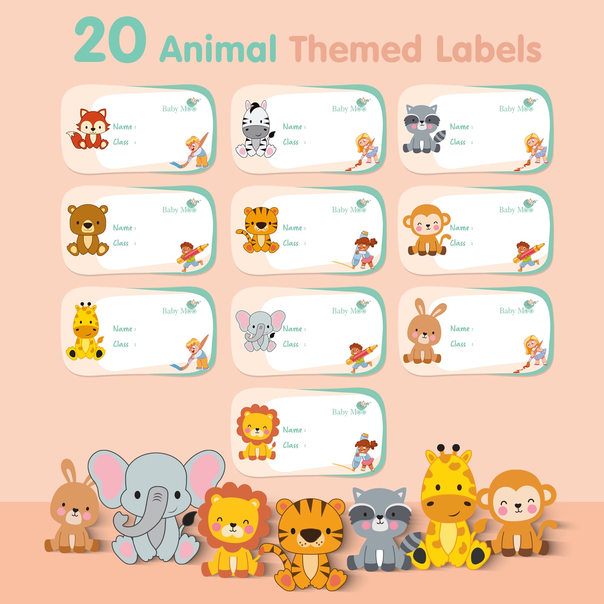 Baby Moo Fruits And Animals Waterproof Labels 40 Pcs Stationery Set For Children - Multicolour