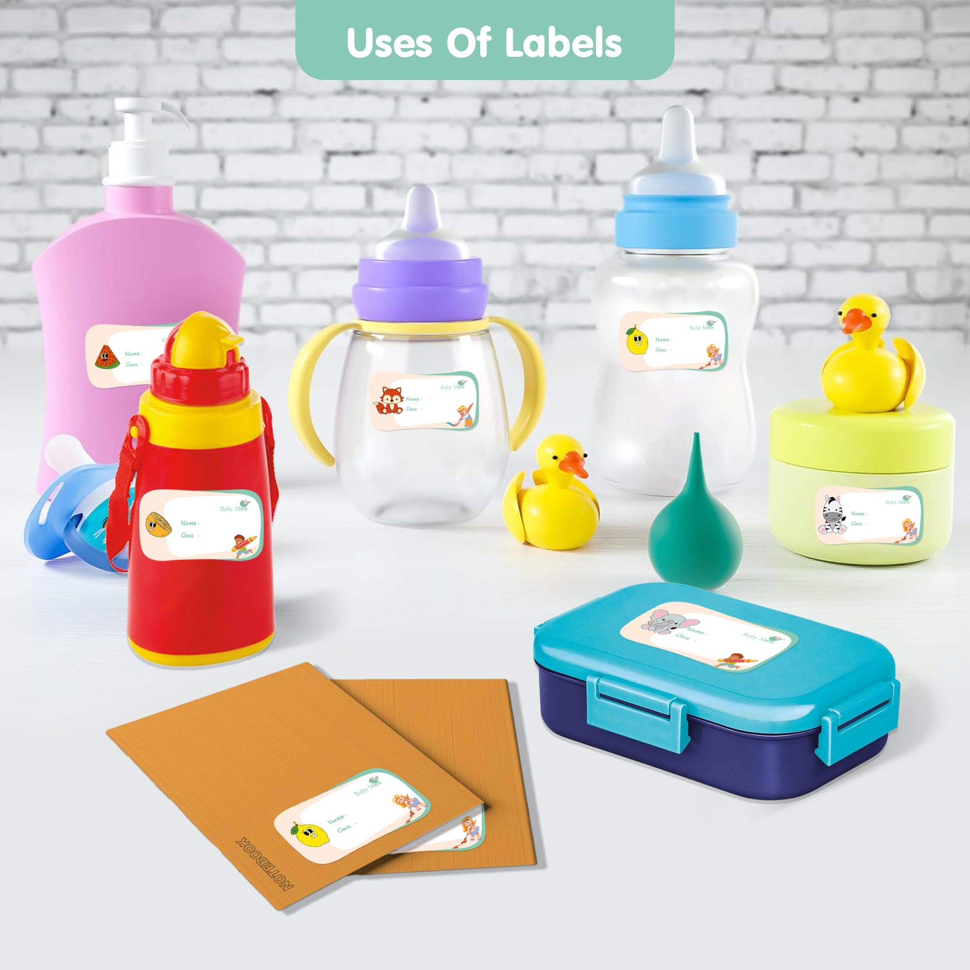 Baby Moo Fruits And Animals Waterproof Labels 40 Pcs Stationery Set For Children - Multicolour