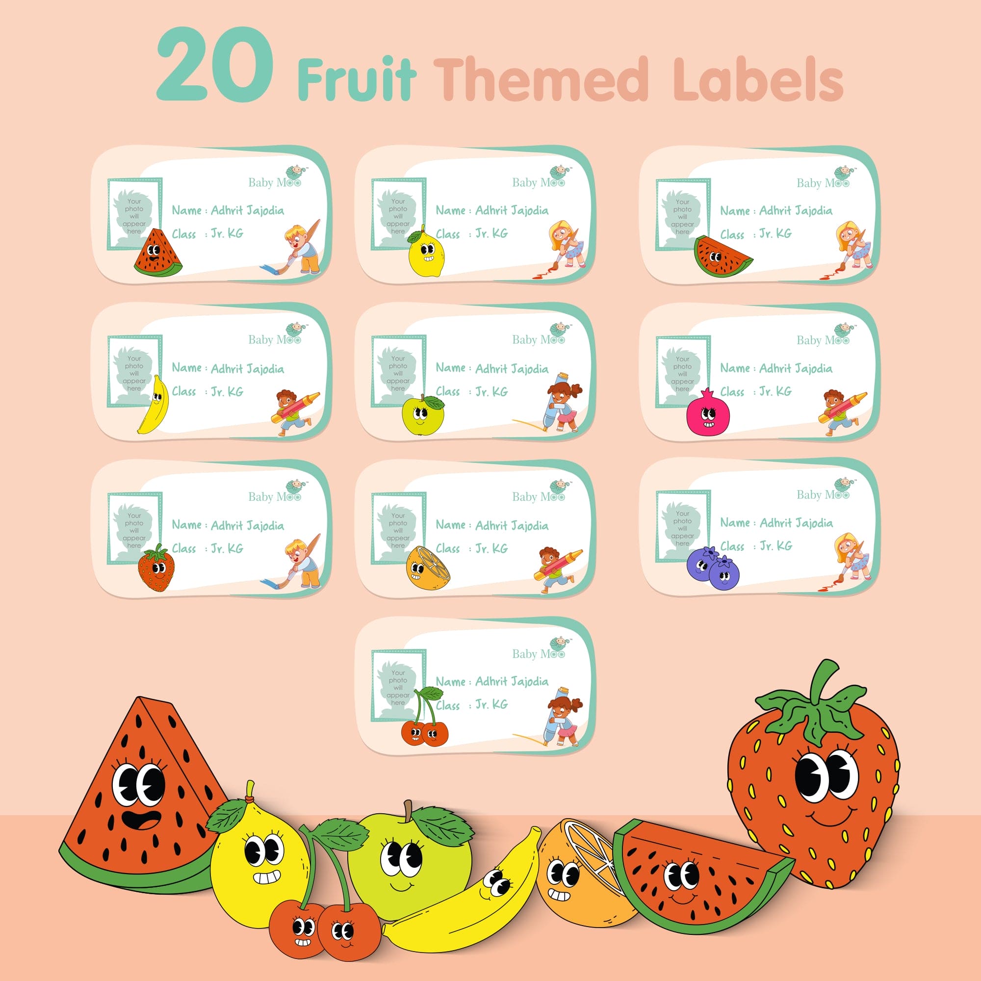 Baby Moo Fruits And Animals Personalised Photo And Name Waterproof Labels 40 Pcs Stationery Set For Children - Multicolour