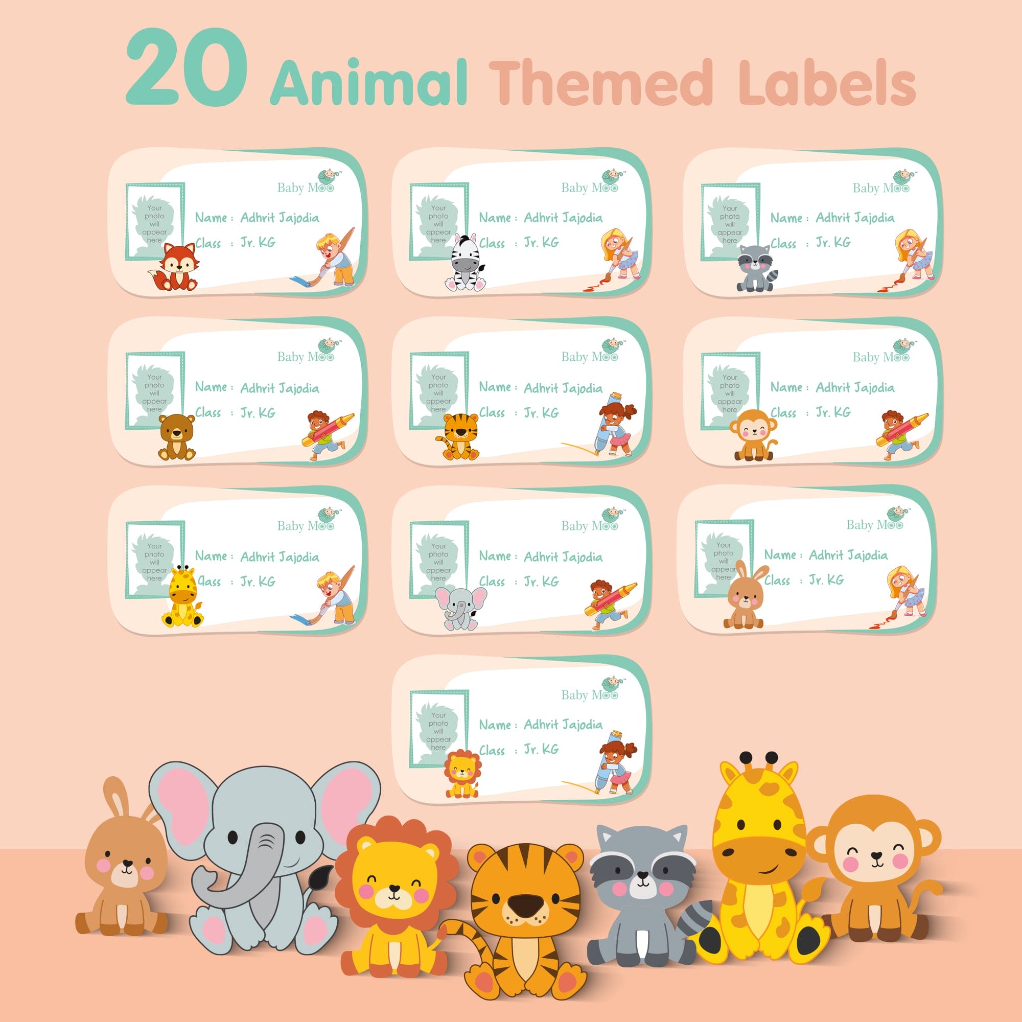 Baby Moo Fruits And Animals Personalised Photo And Name Waterproof Labels 40 Pcs Stationery Set For Children - Multicolour