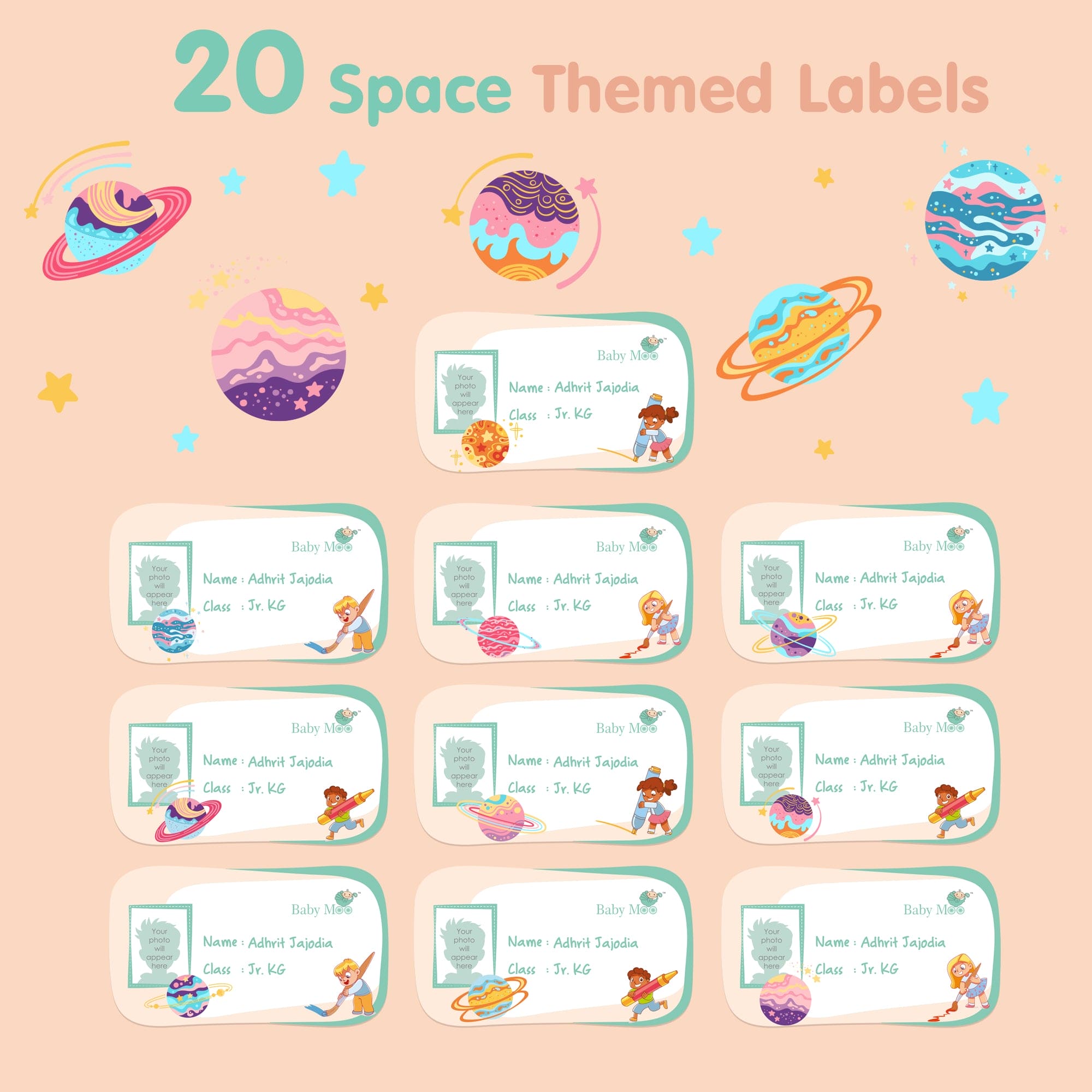 Baby Moo Space And Cartoons Personalised Photo And Name Waterproof Labels 40 Pcs Stationery Set For Children - Multicolour