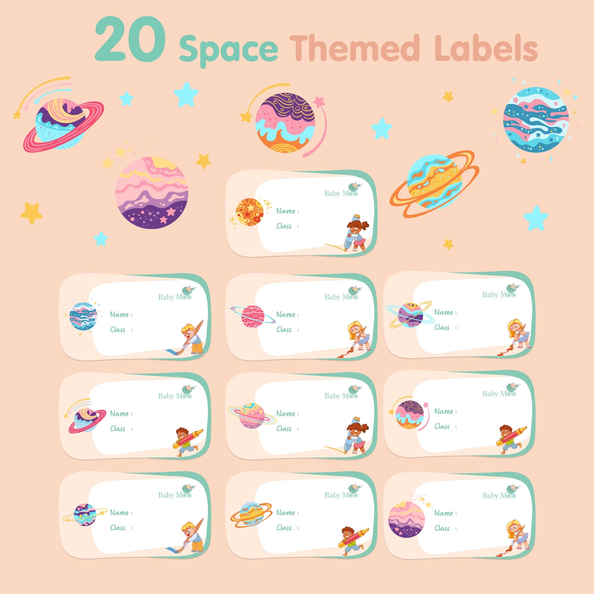 Baby Moo Space And Cartoons Waterproof Labels 40 Pcs Stationery Set For Children - Multicolour