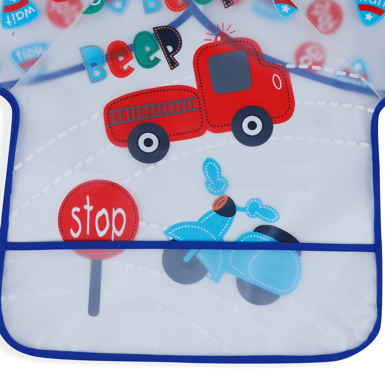 Baby Moo Beep Beep Car Long Sleeves Waterproof Wear Me Bib - Blue - Baby Moo