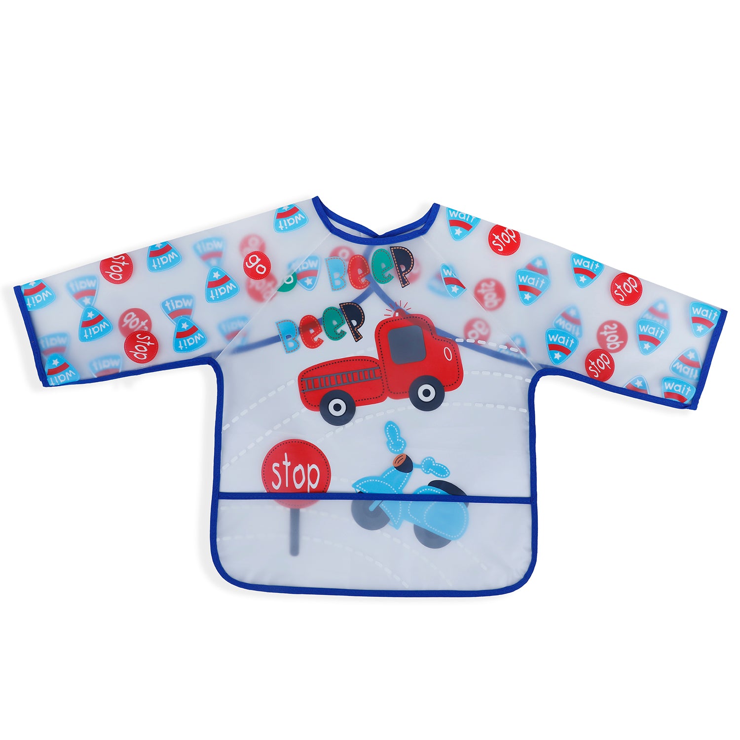 Baby Moo Beep Beep Car Long Sleeves Waterproof Wear Me Bib - Blue - Baby Moo