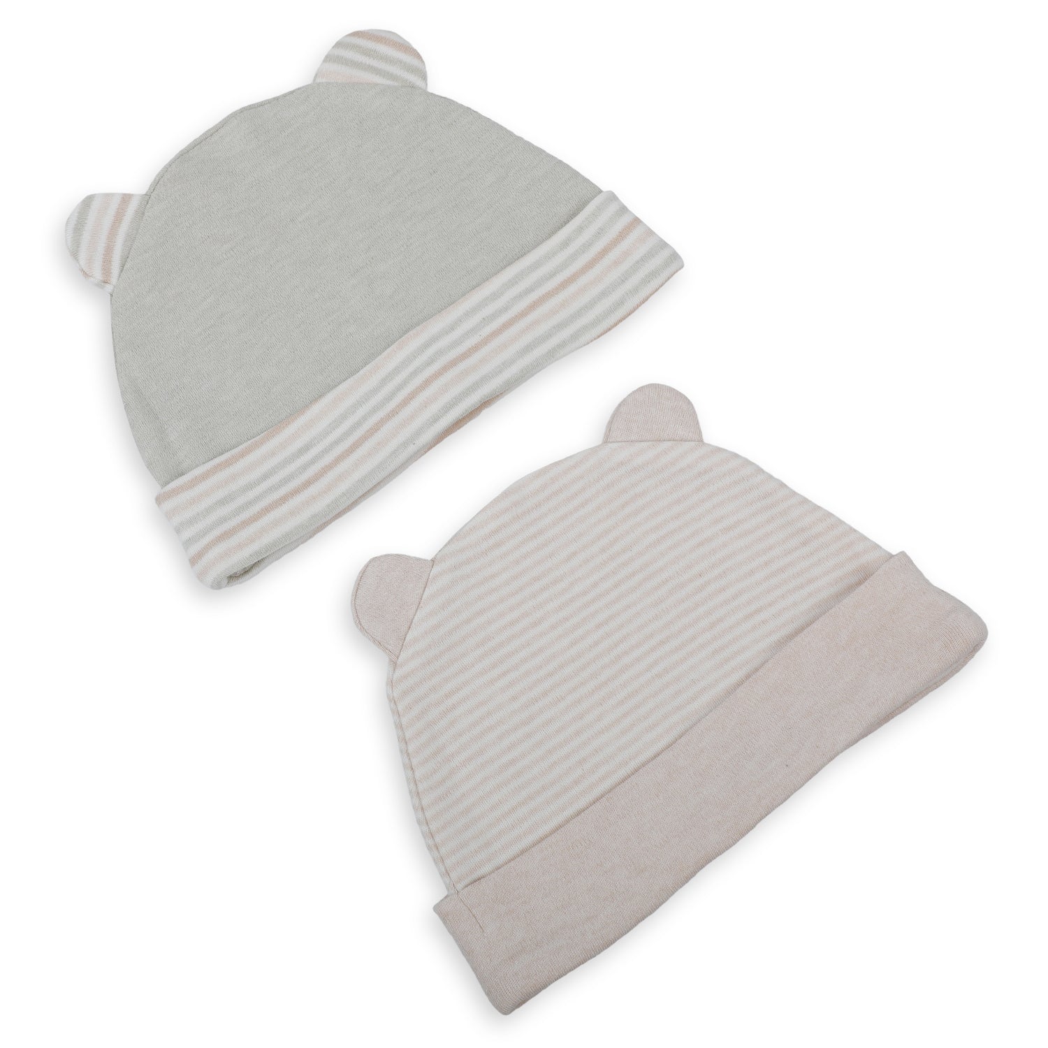 Baby Moo Striped And Plain Organic Soft Cotton Pack of 2 Caps - Grey - Baby Moo
