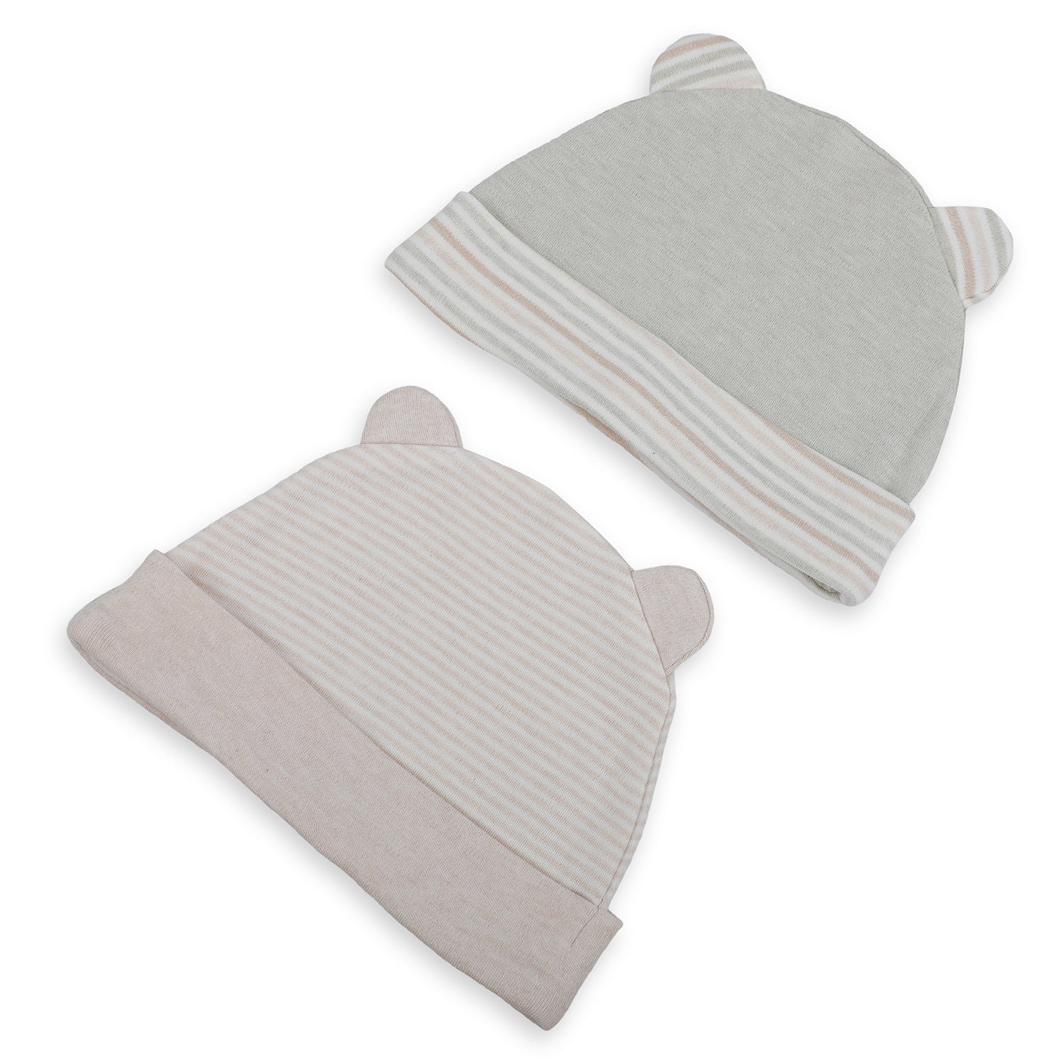 Baby Moo Striped And Plain Organic Soft Cotton Pack of 2 Caps - Grey - Baby Moo