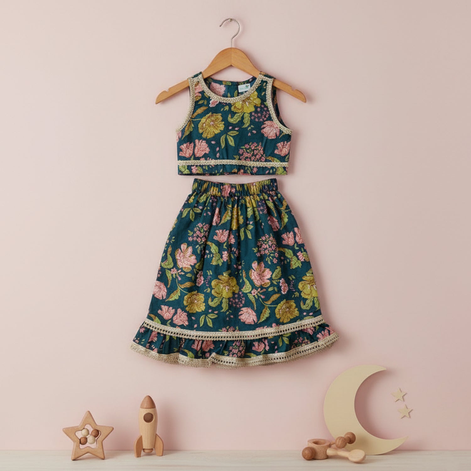 Baby Moo Floral Print Sleeveless Two Piece Lehenga Blouse Set - Peacock Green