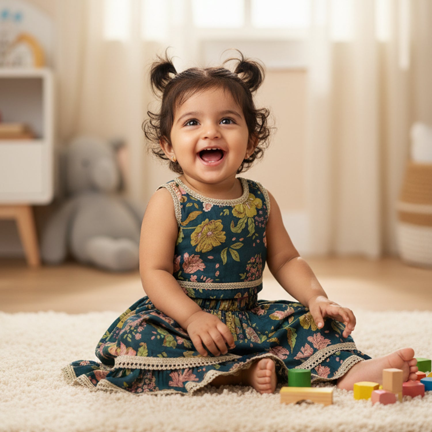 Baby Moo Floral Print Sleeveless Two Piece Lehenga Blouse Set - Peacock Green