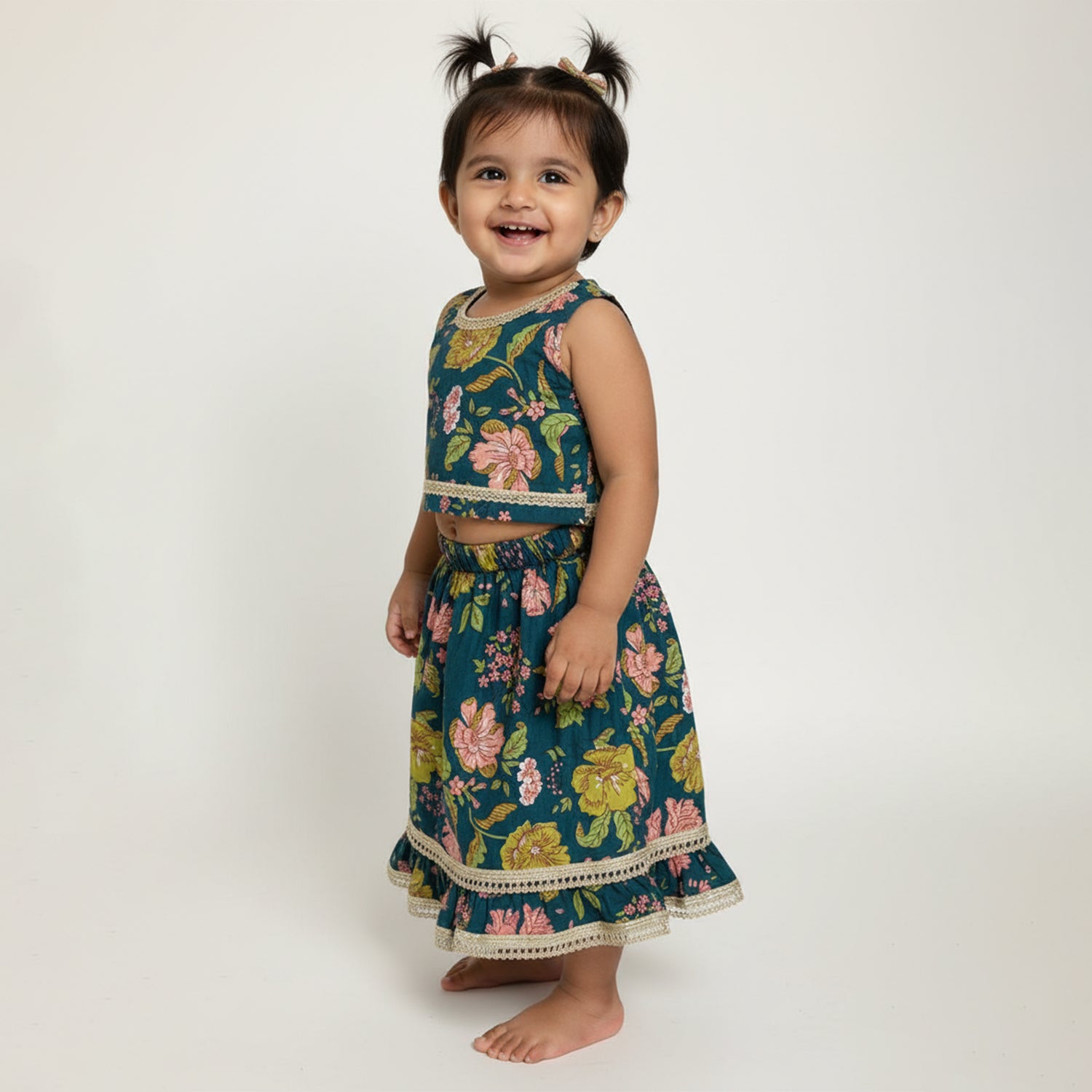 Baby Moo Floral Print Sleeveless Two Piece Lehenga Blouse Set - Peacock Green