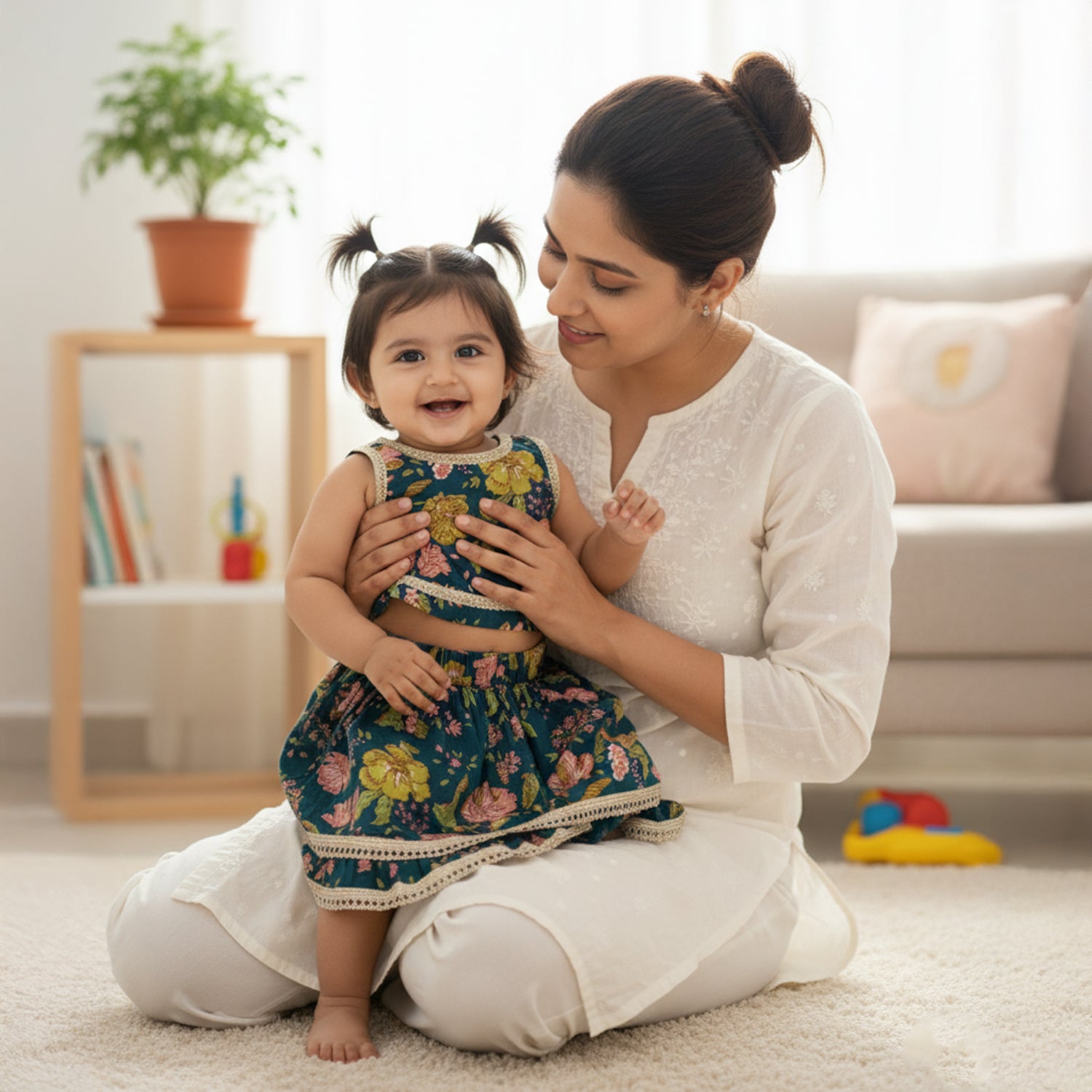 Baby Moo Floral Print Sleeveless Two Piece Lehenga Blouse Set - Peacock Green
