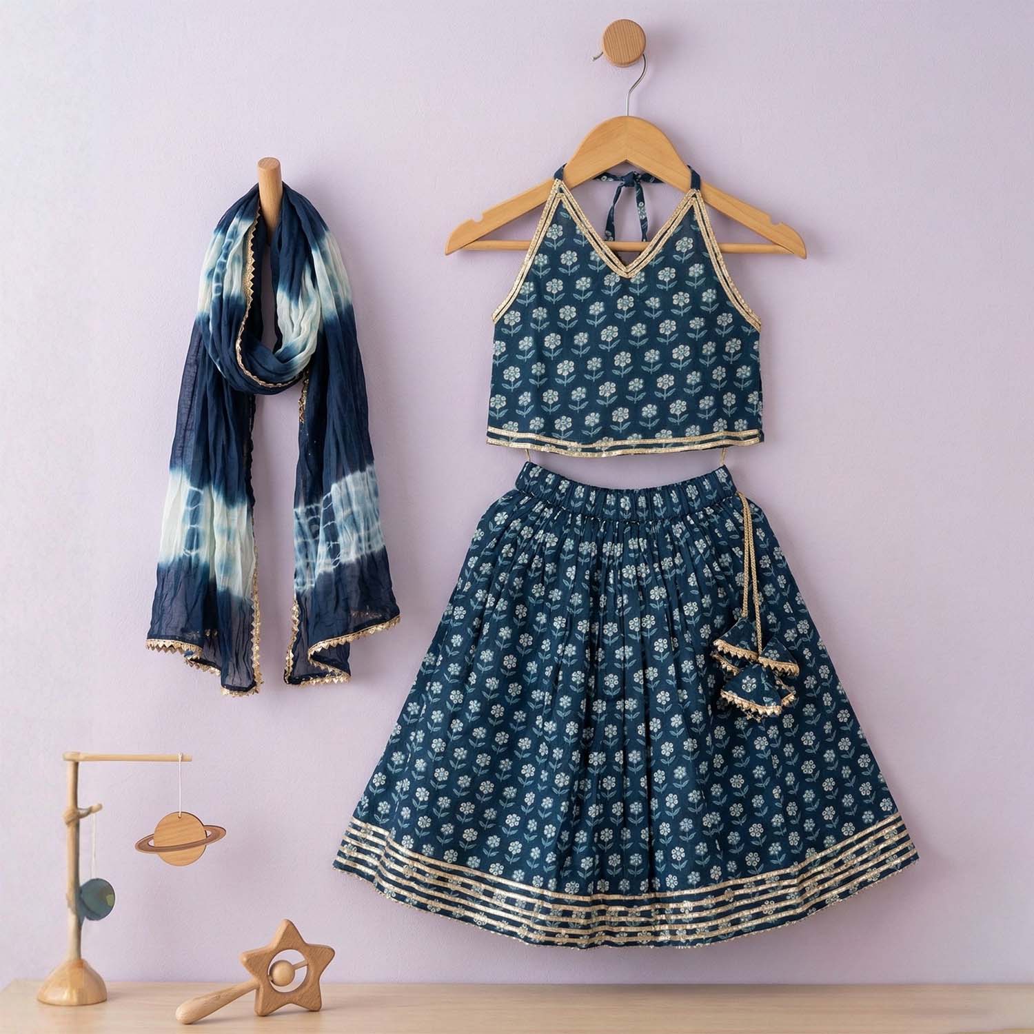 Baby Moo Wild Flower Choli Lehenge Set with Dupatta   - Blue