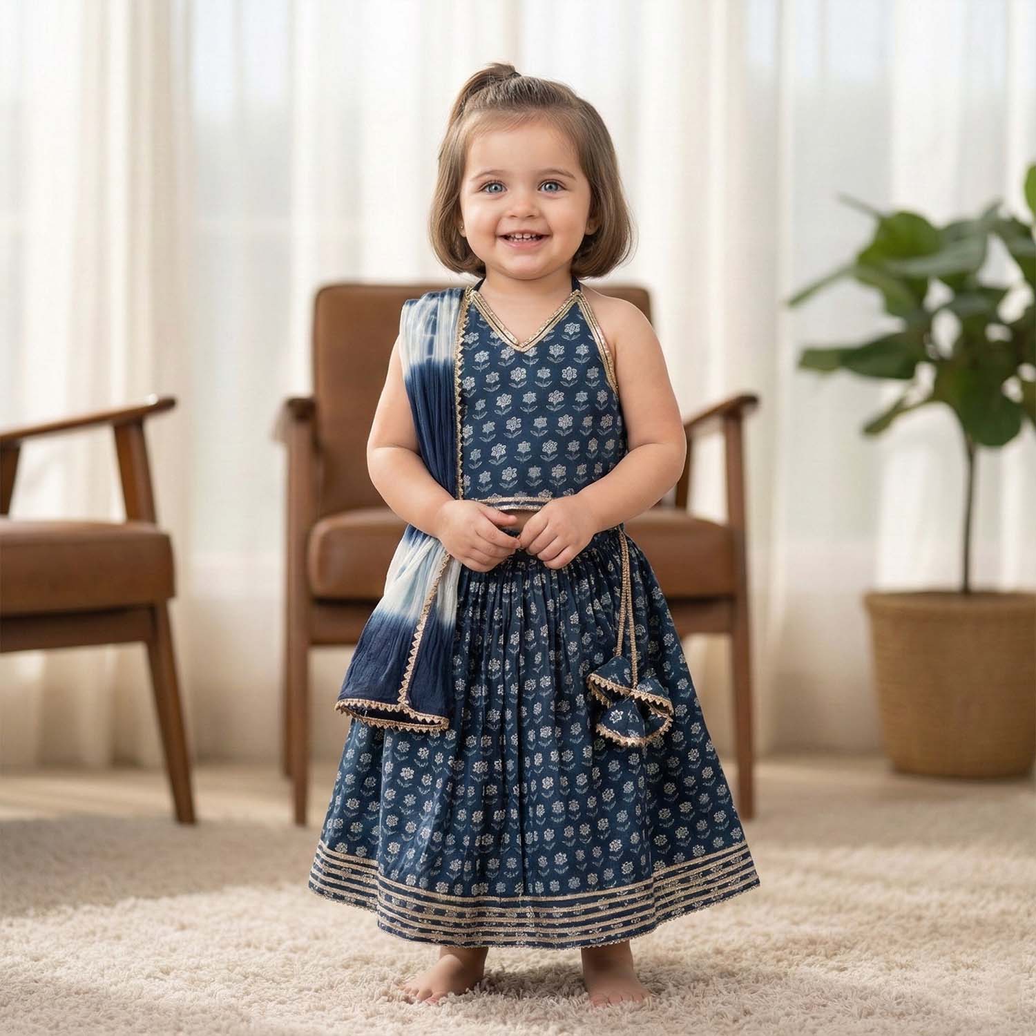 Baby Moo Wild Flower Choli Lehenge Set with Dupatta   - Blue