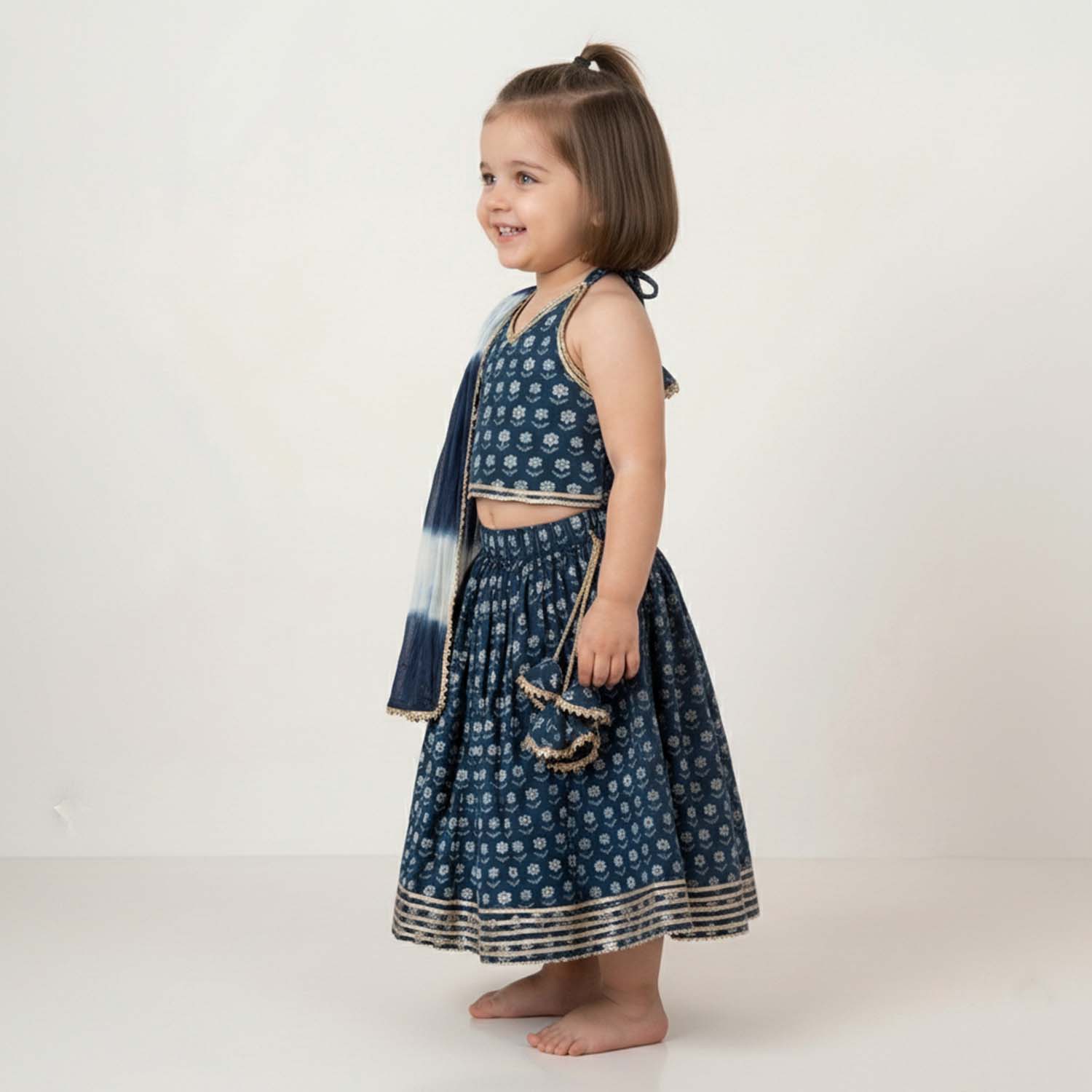 Baby Moo Wild Flower Choli Lehenge Set with Dupatta   - Blue