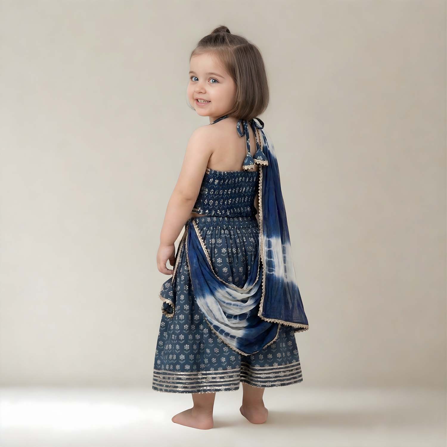 Baby Moo Wild Flower Choli Lehenge Set with Dupatta   - Blue