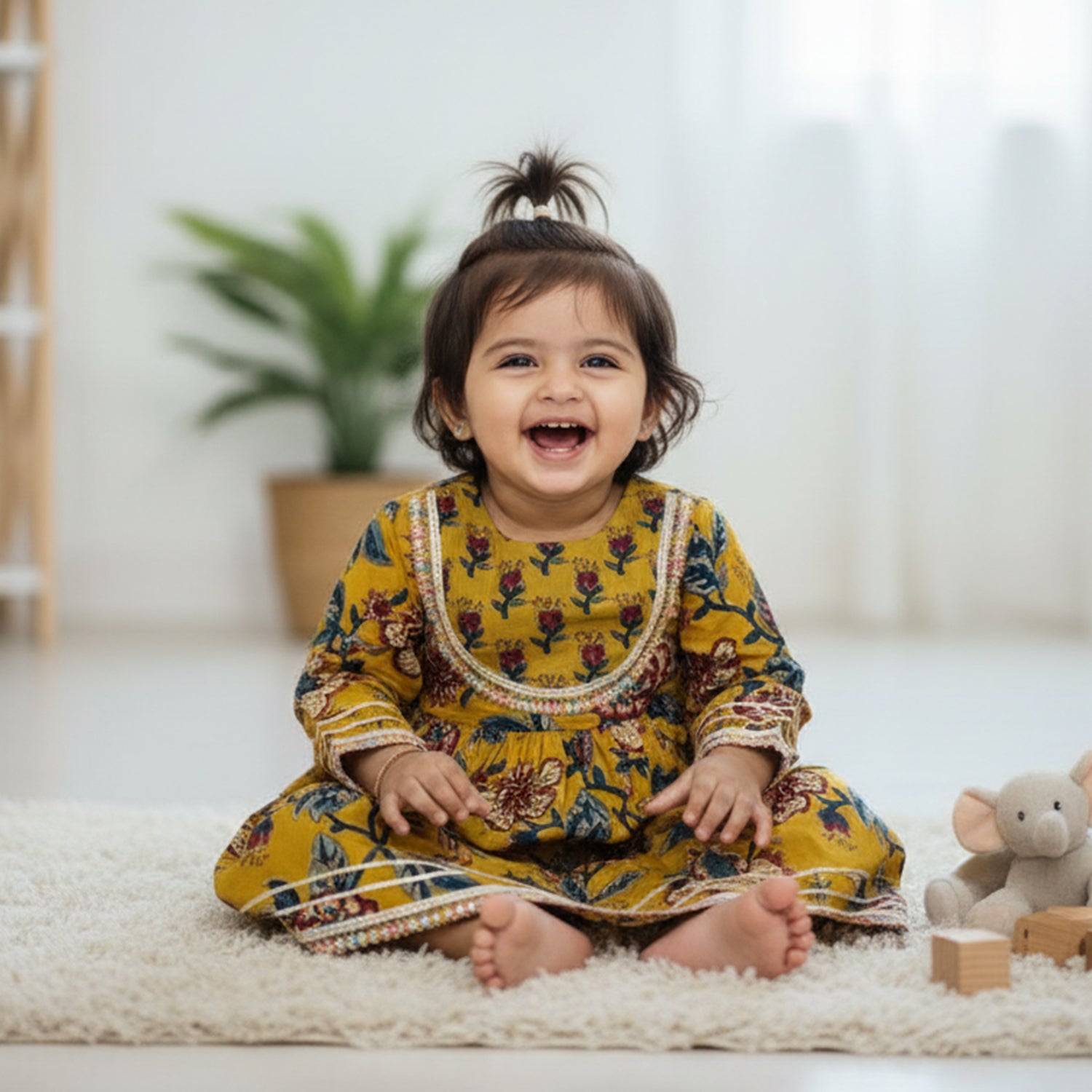 Baby Moo Floral Print Cotton Knee Length Ethnic Dress - Yellow