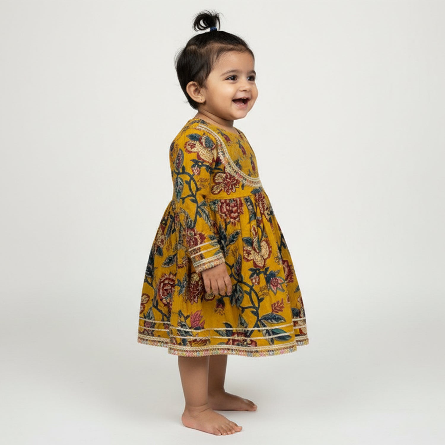 Baby Moo Floral Print Cotton Knee Length Ethnic Dress - Yellow